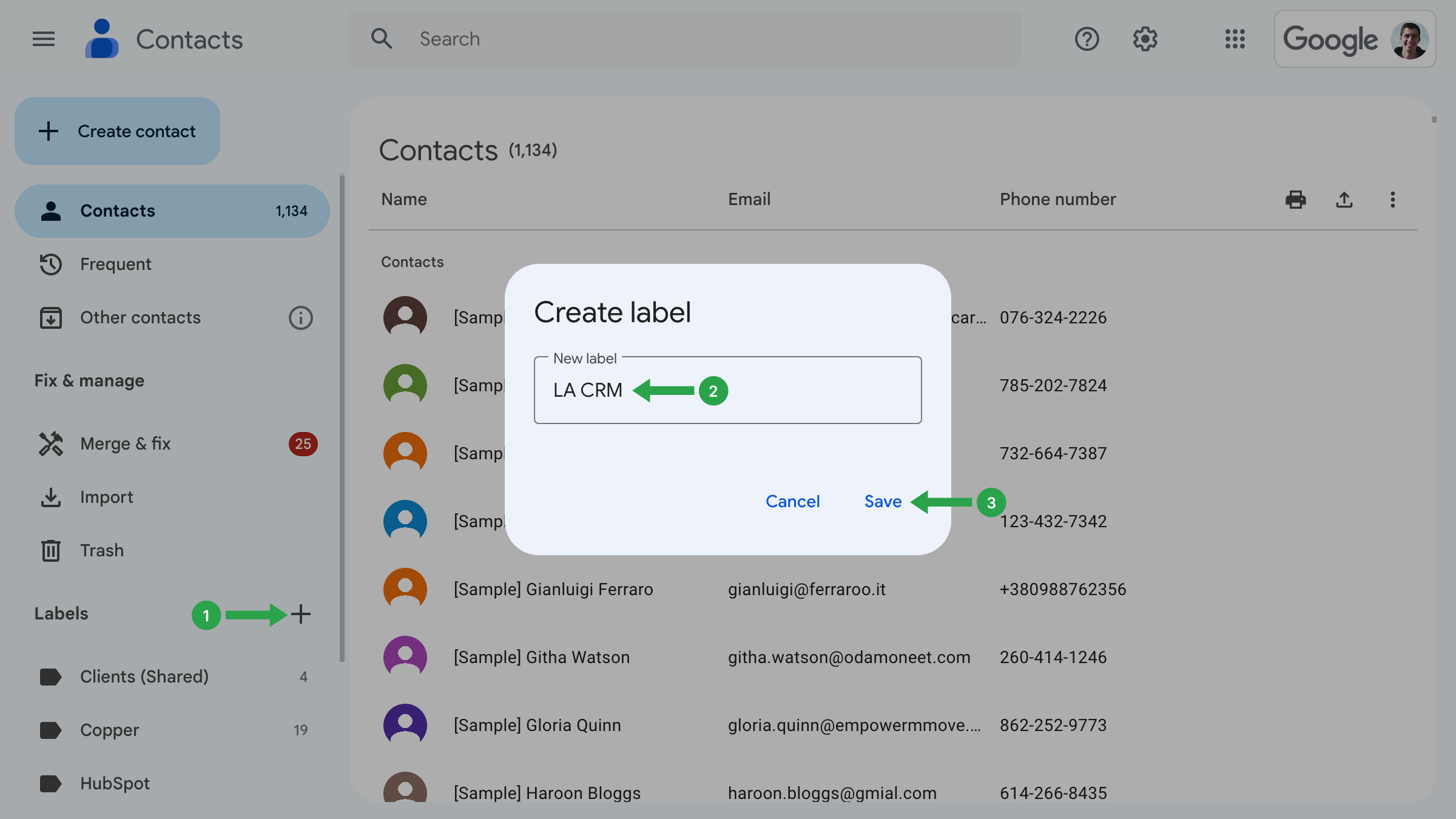 The Google Contacts interface when creating the 'LA CRM' label