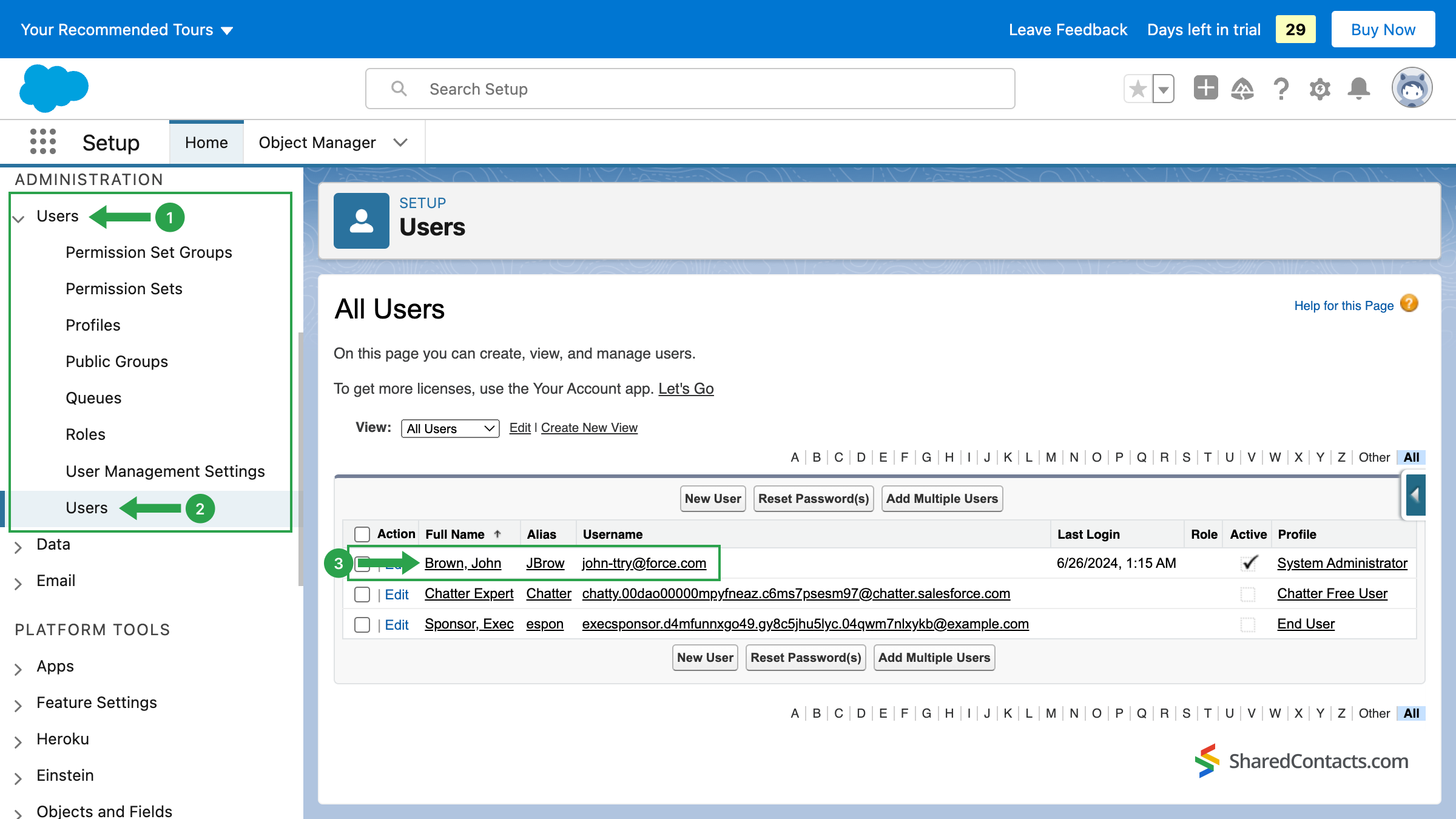 Menü zur Benutzereinrichtung im Salesforce-Dashboard