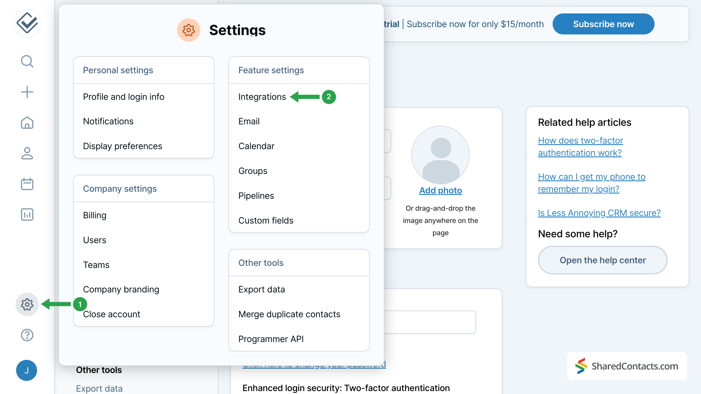 The integration menu in the Less Annoying CRM settings