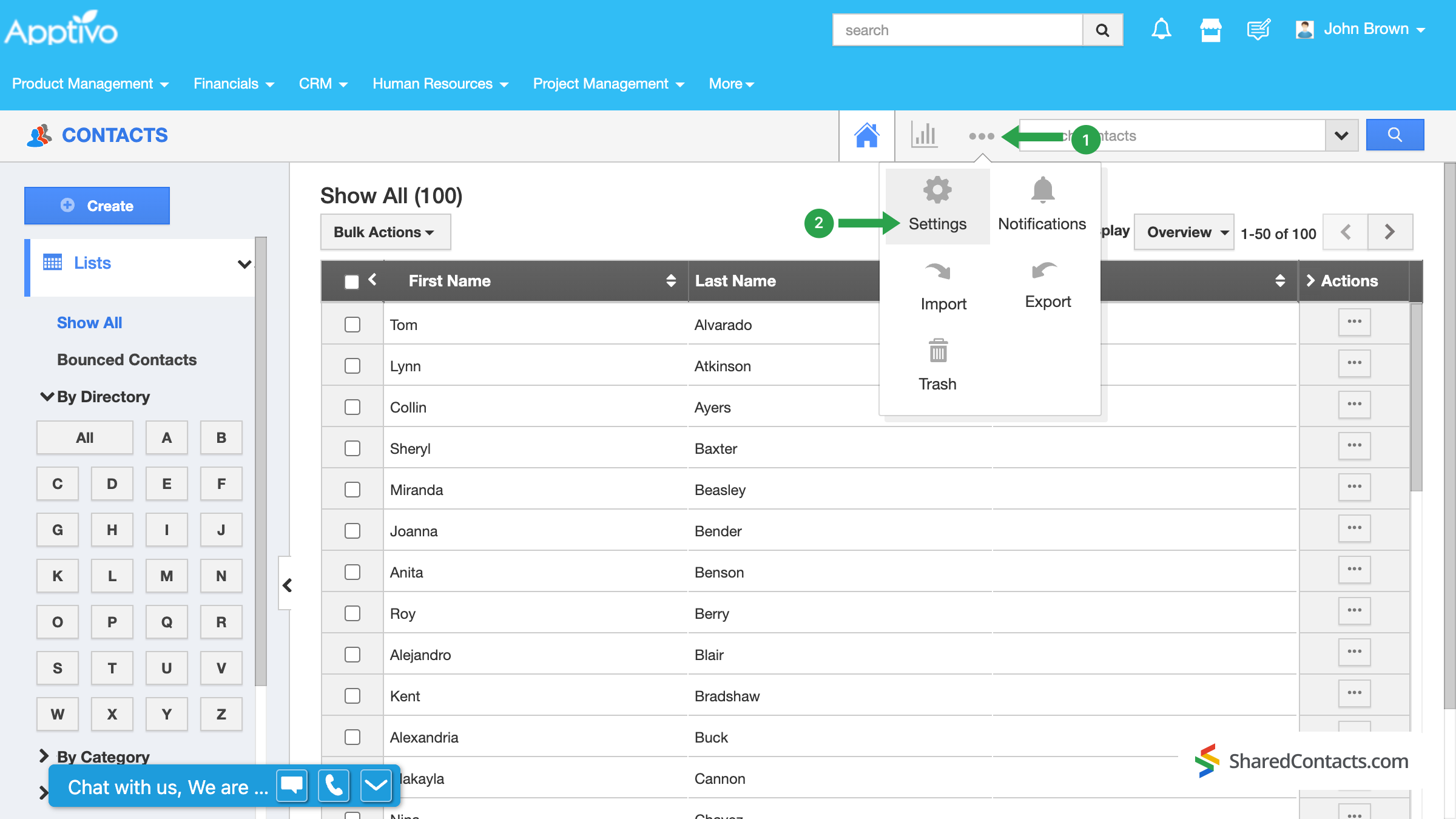 The 'Settings' menu icon in the Apptivo interface