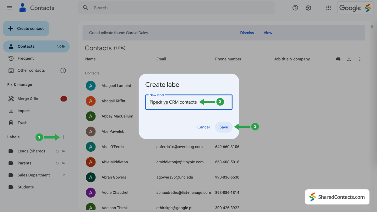 Creating a label in Google for Pipedrive CRM contacts