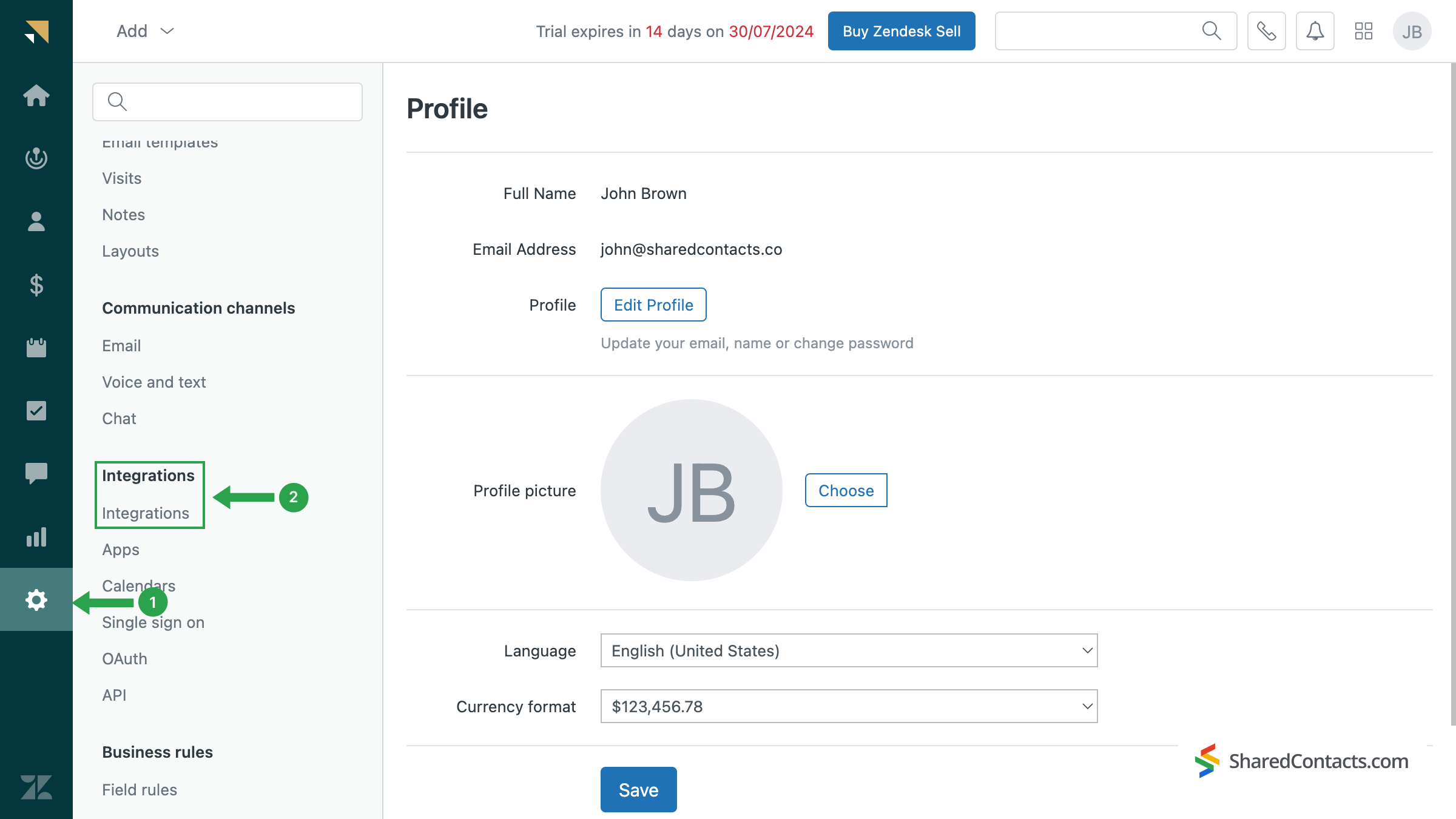 The integration menu in Zendesk CRM settings