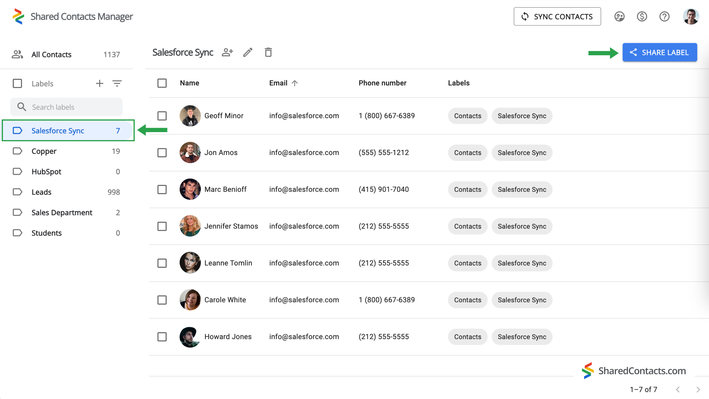 Salesforce Sync Kontakt-Label im Dashboard von Shared Contacts Manager