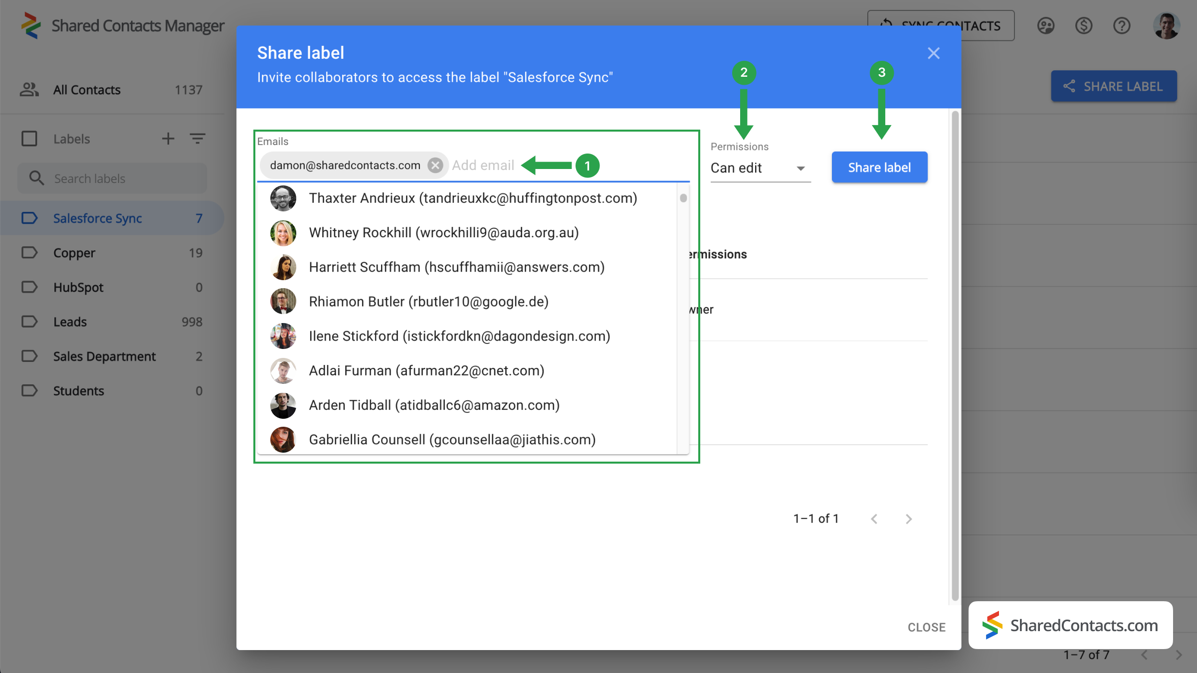 Freigabe- und Berechtigungseinstellungen in Shared Contacts Manager