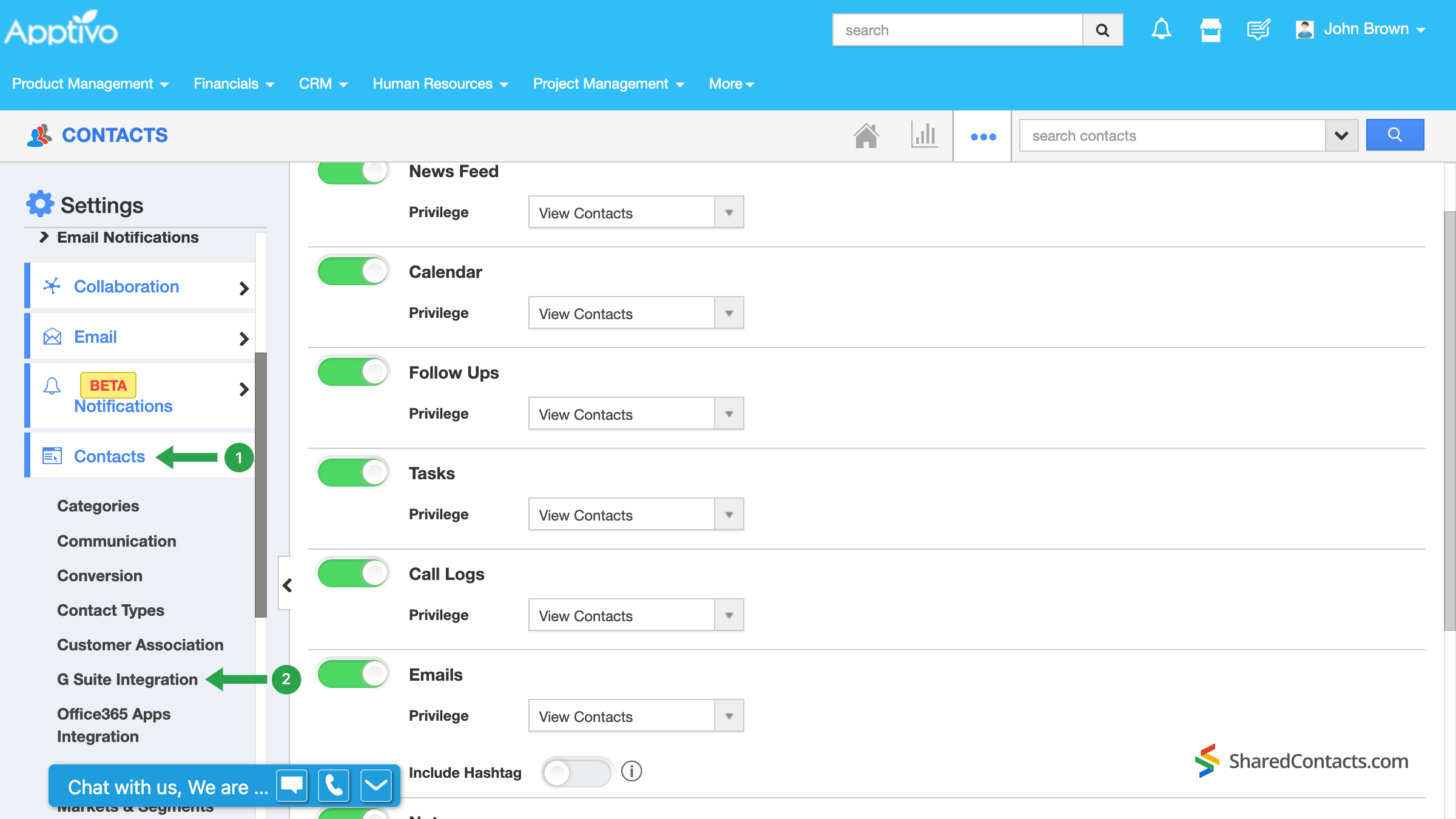 The G Suite integration submenu location under the 'Contacts' menu