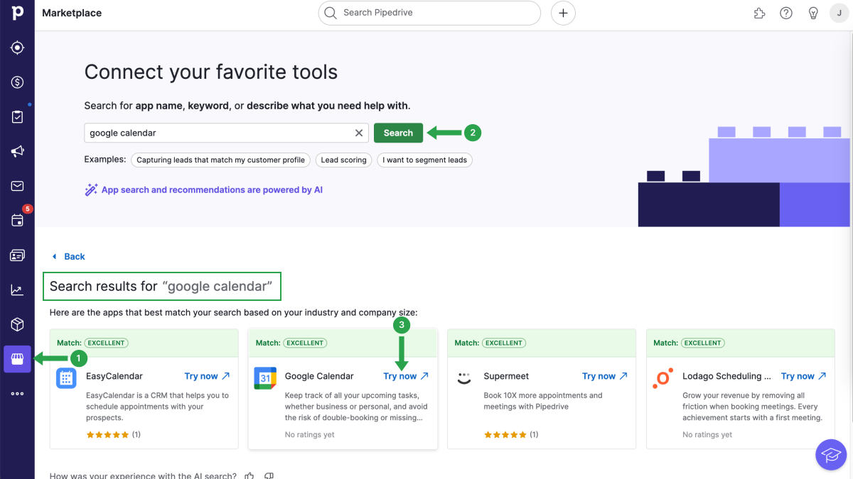 Search results for 'Google Calendar' in the Pipedrive Marketplace
