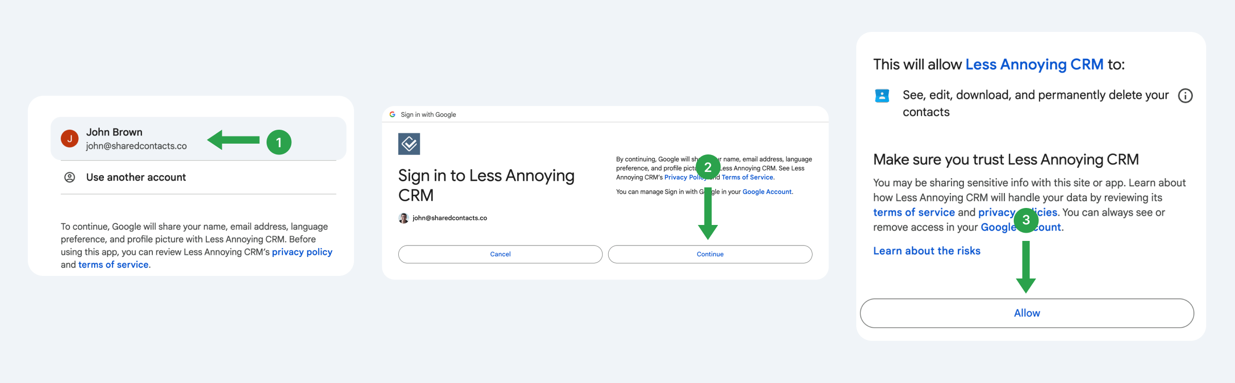 Adding user Google account to Less Annoying CRM
