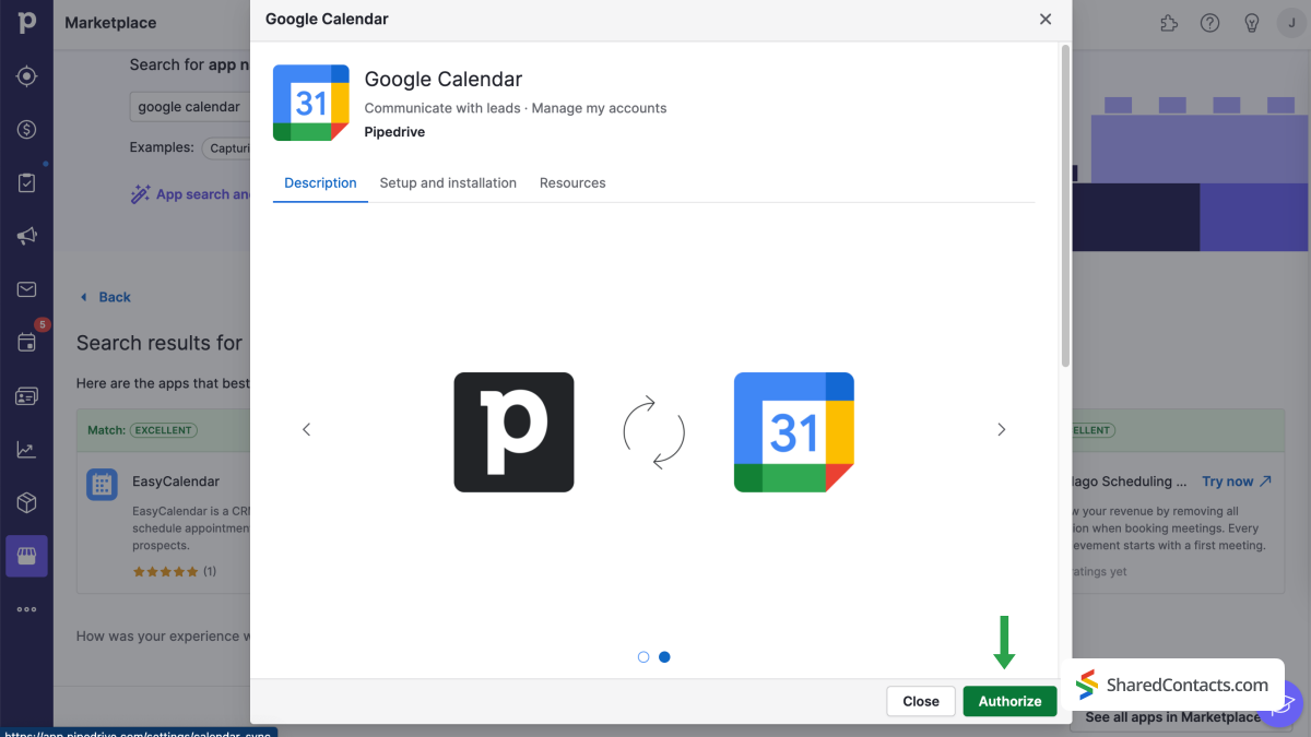 Search results for 'Google Calendar' in the Pipedrive Marketplace
