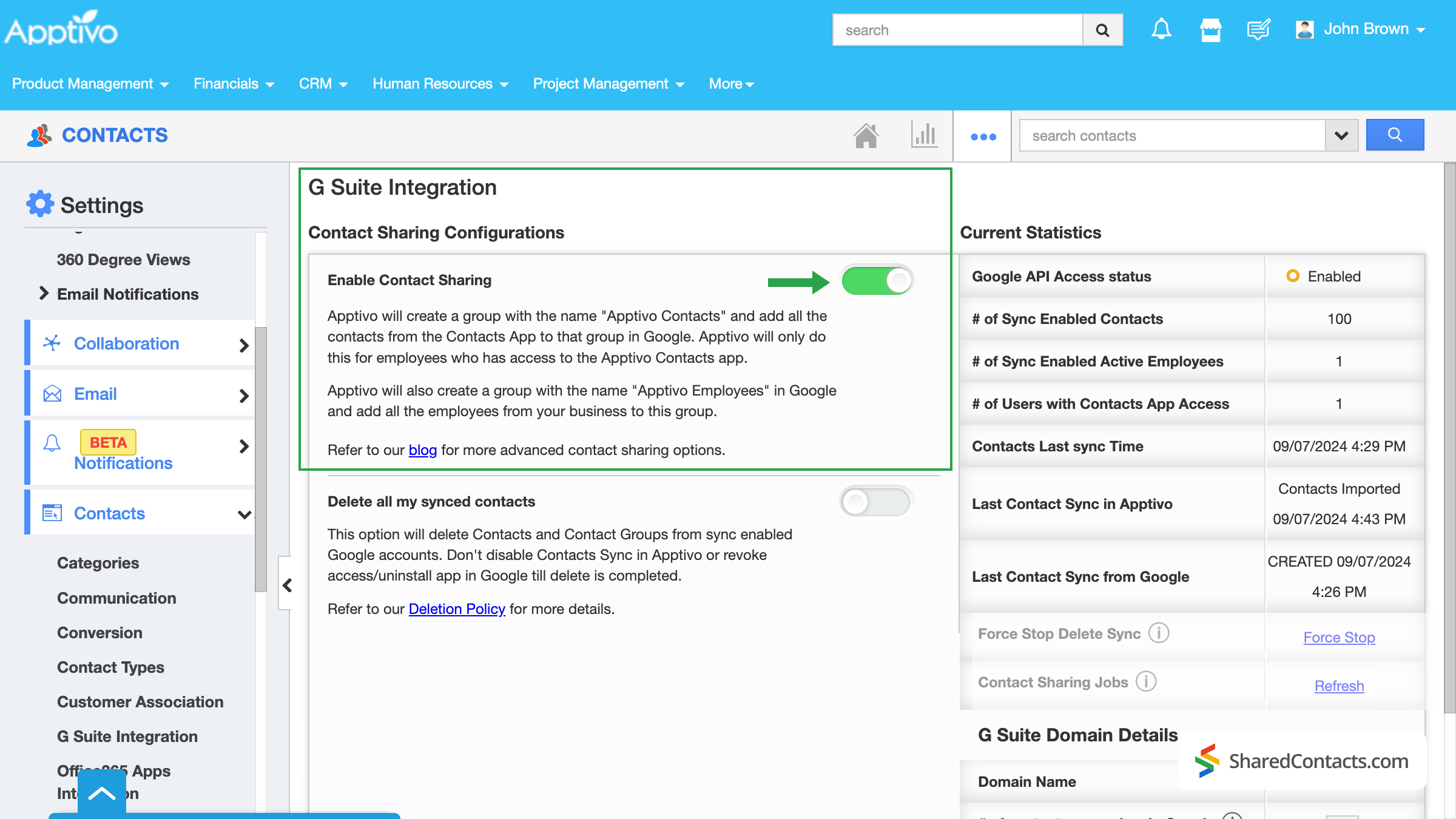 Enabling Google contacts sharing toggle in Apptivo