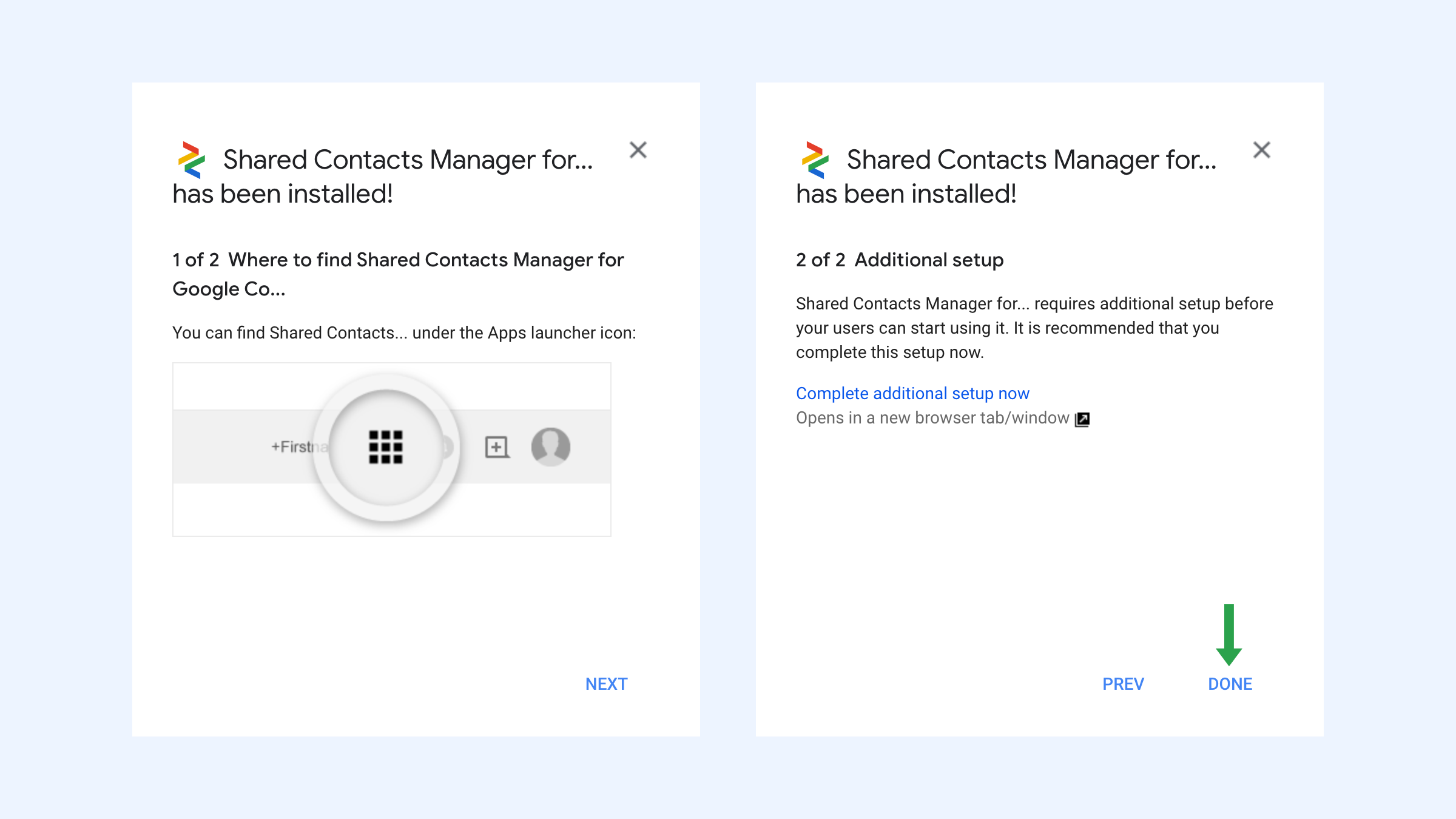 Shared Contacts Manager kurulumunun son adımları