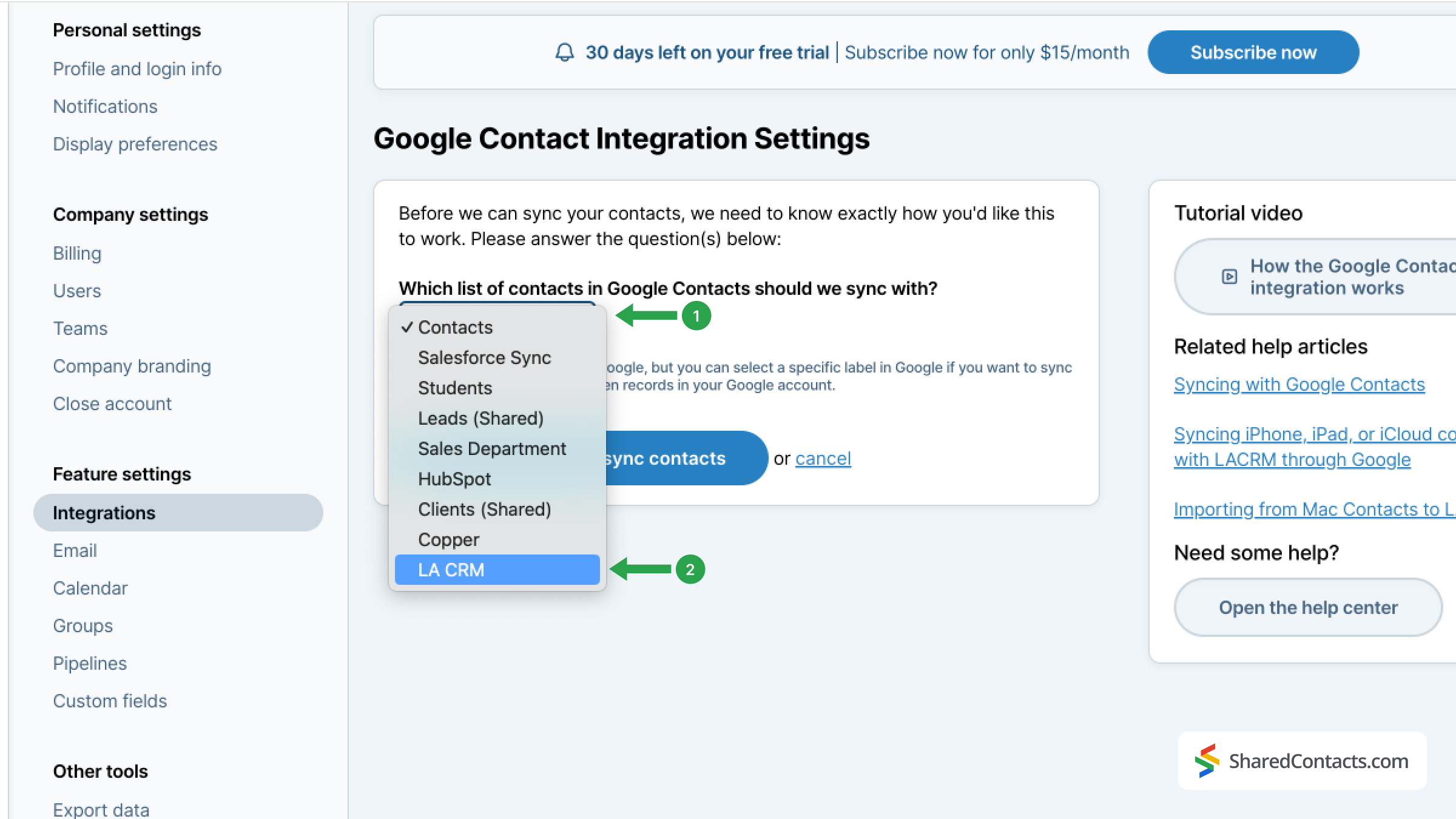 Google contact integration settings in Less Annoying CRM dashboard