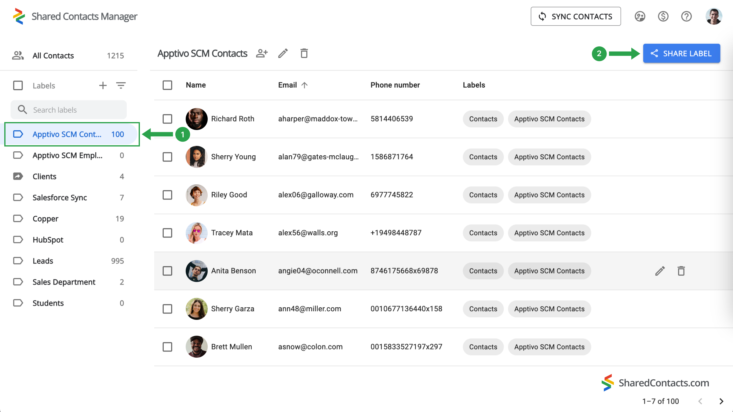 The Apptivo contact label in Shared Contacts Manager and the 'Share label' button