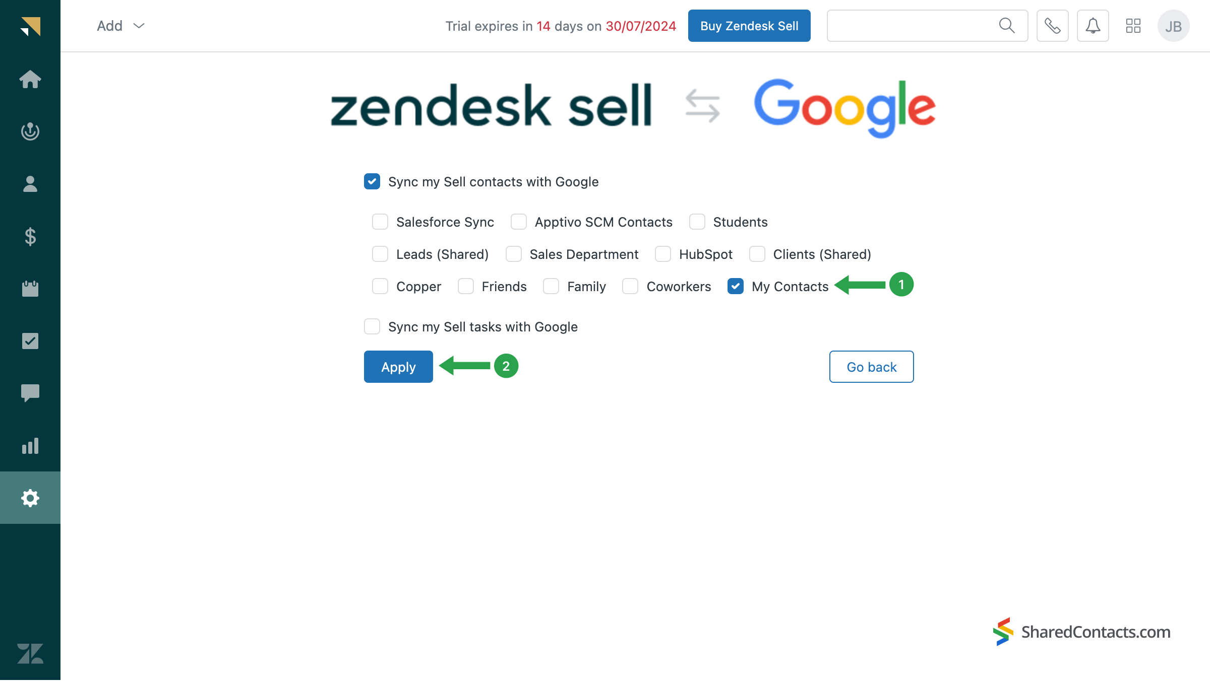 Google contact integration settings in Zendesk dashboard