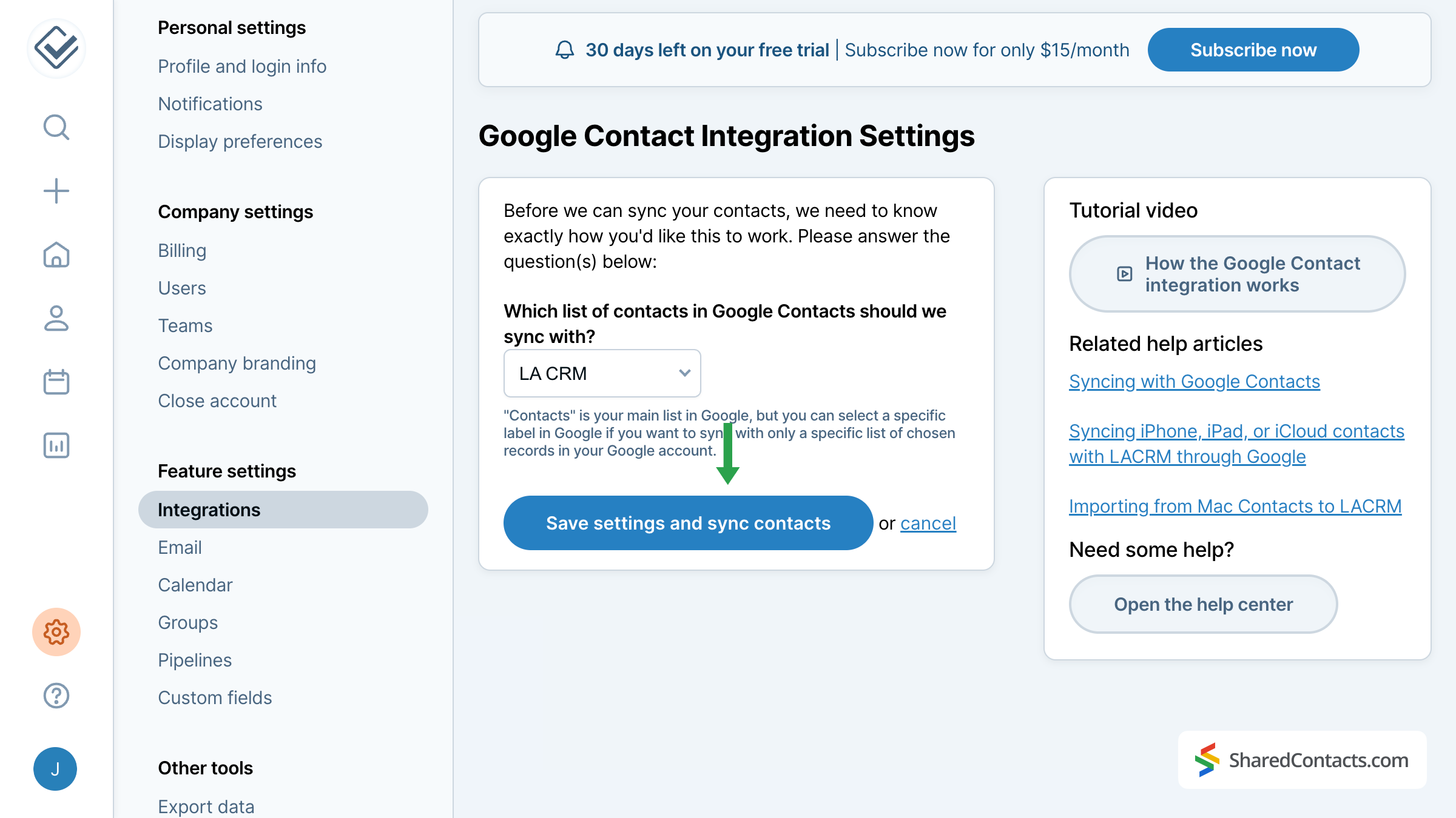 Saving contact sync settings