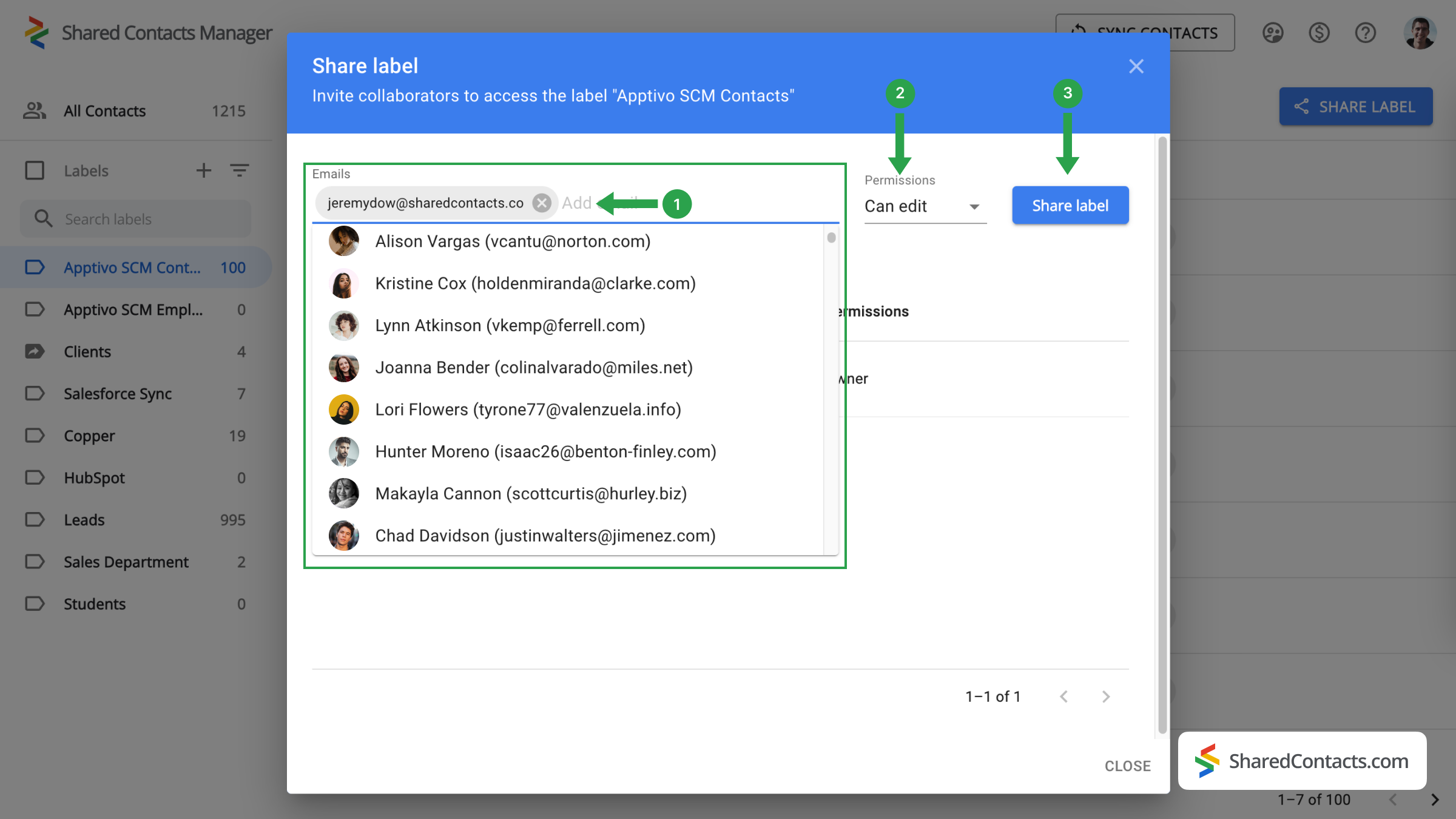 Label sharing and permission settings in Shared Contacts Manager