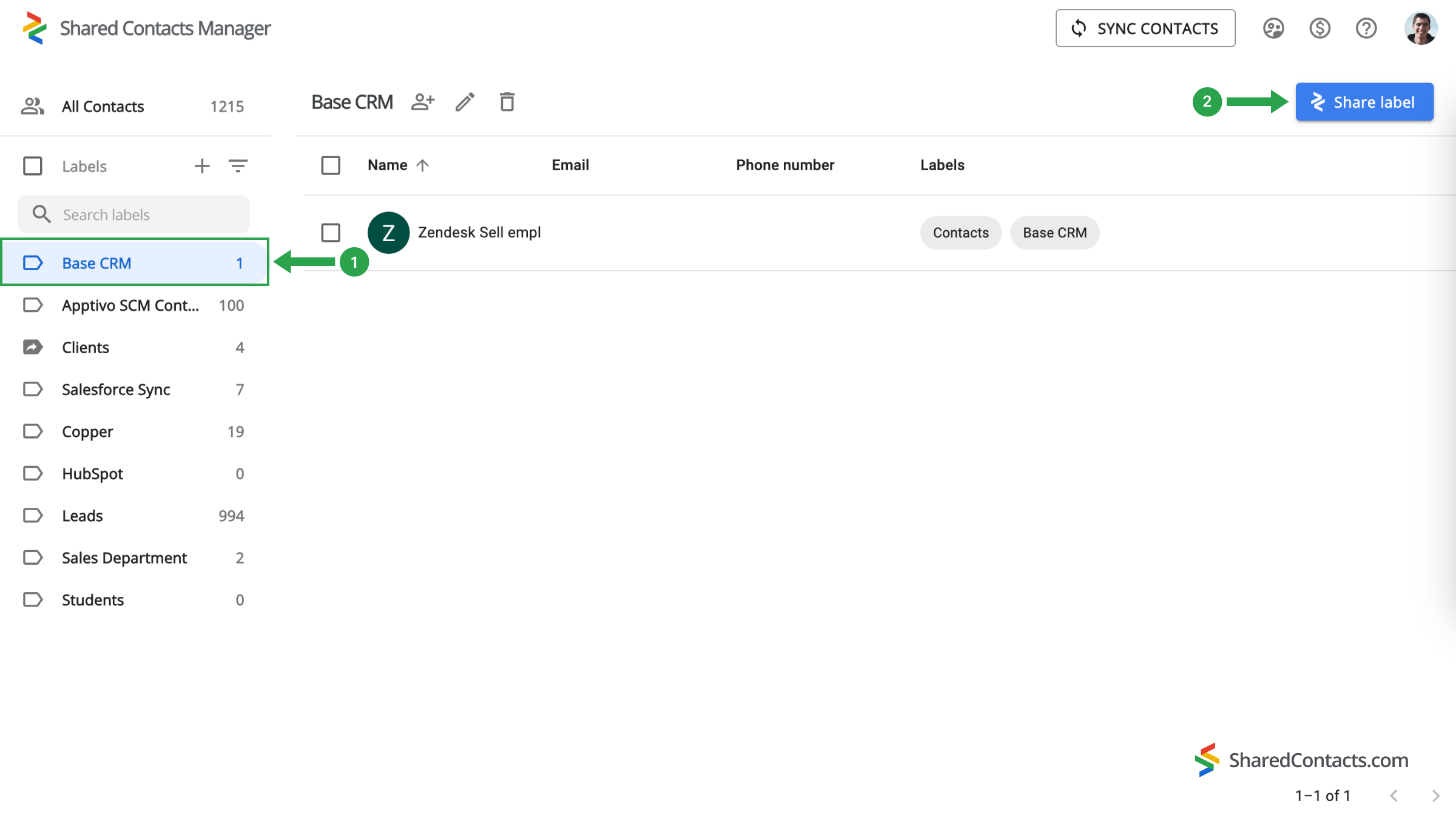 Sharing Zendesk contacts in the Shared Contacts Manager's interface