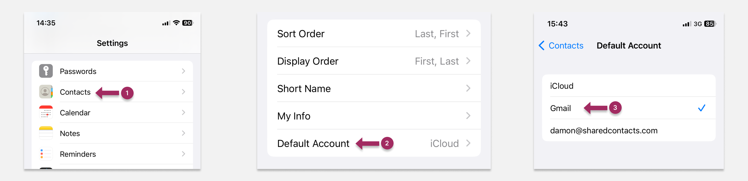 Pengaturan untuk menjadikan akun Gmail sebagai default untuk kontak baru di iPhone