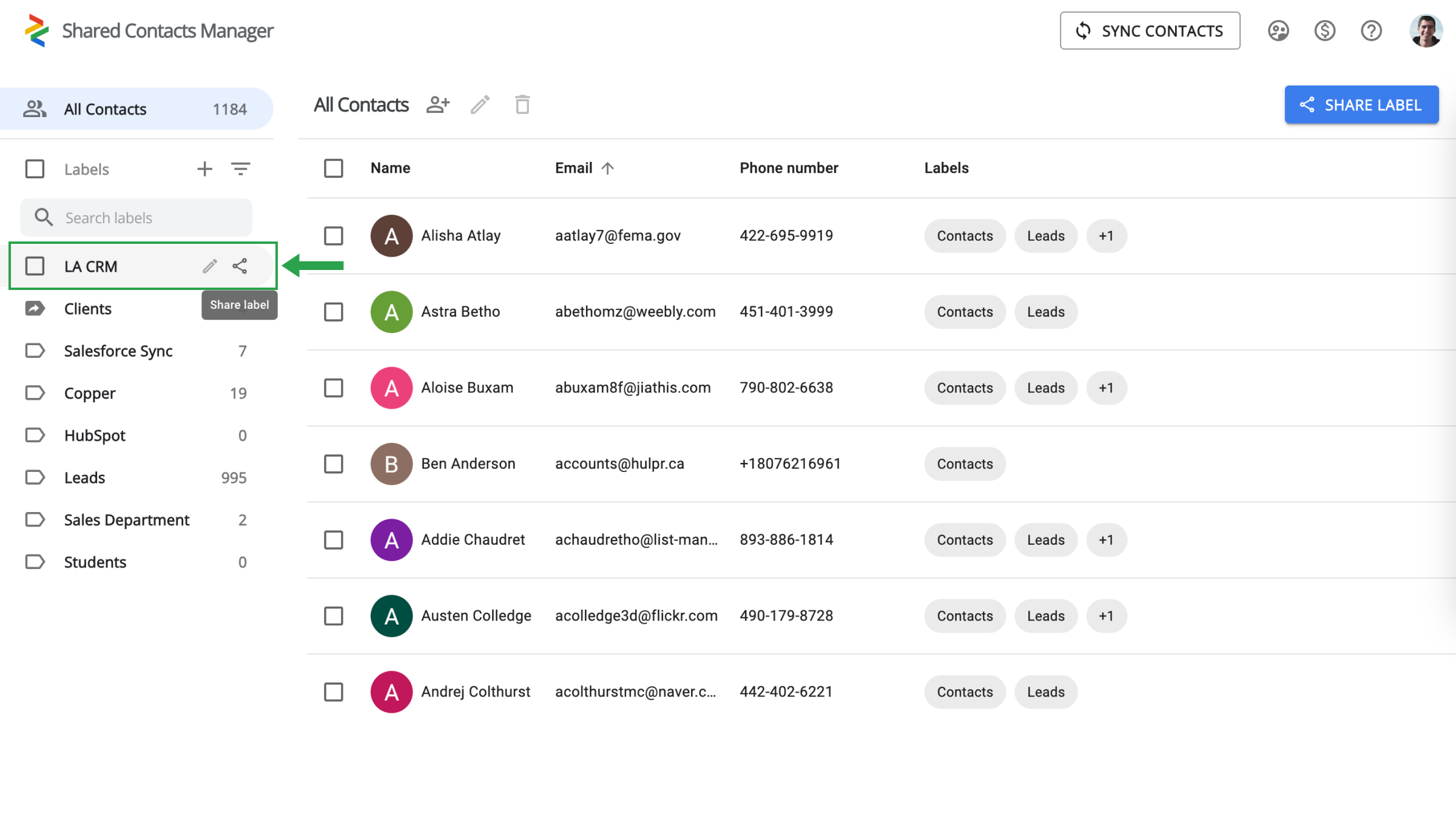 Sharing LA CRM contacts in the Shared Contacts Manager's interface