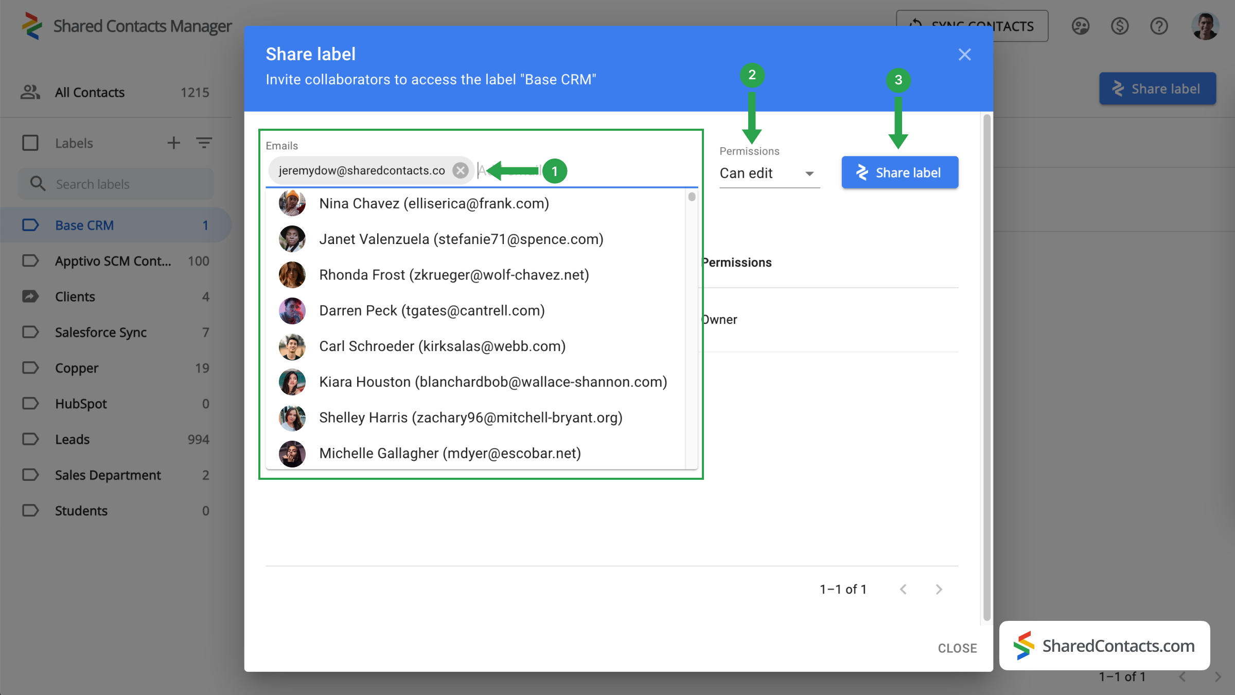 Label sharing and setting permissions in Shared Contacts Manager
