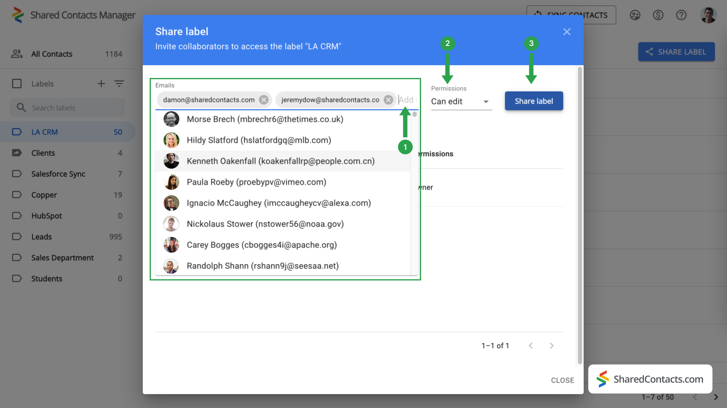 Label sharing and setting permissions in Shared Contacts Manager