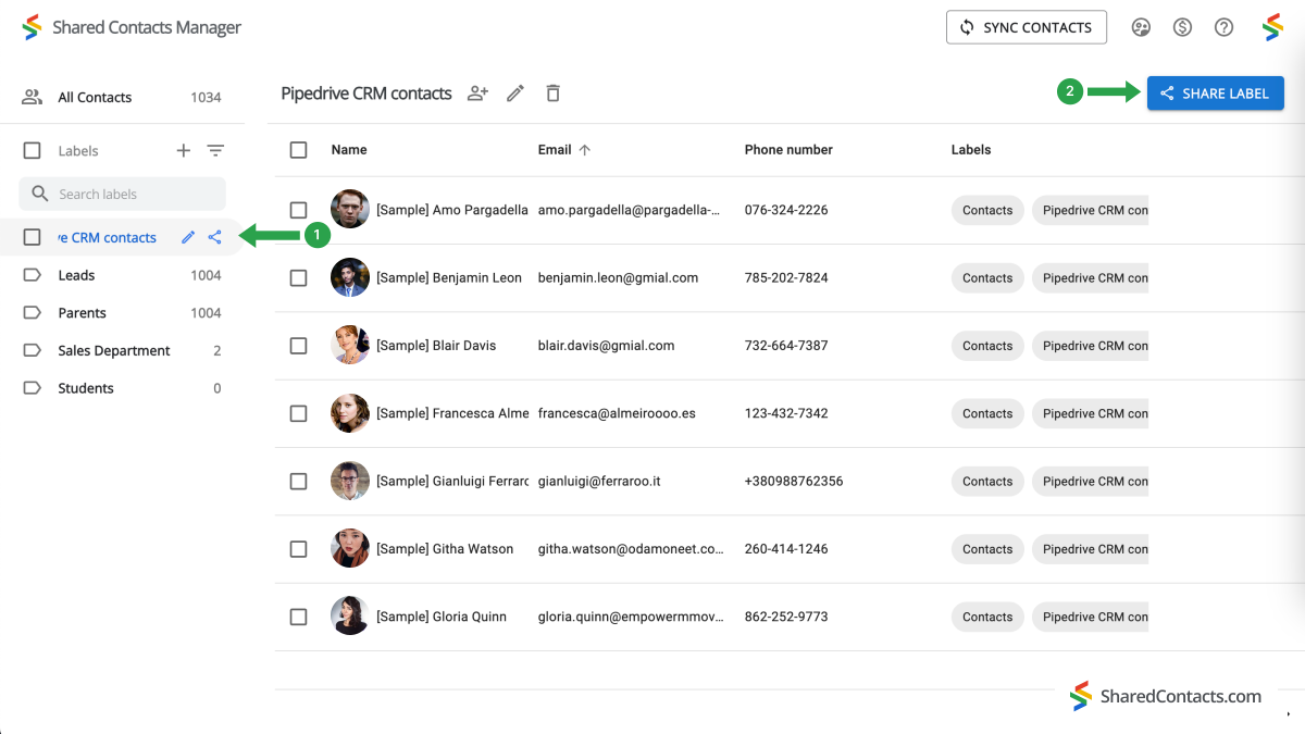 The Shared Contacts Manager interface with Pipedrive CRM contacts label selected