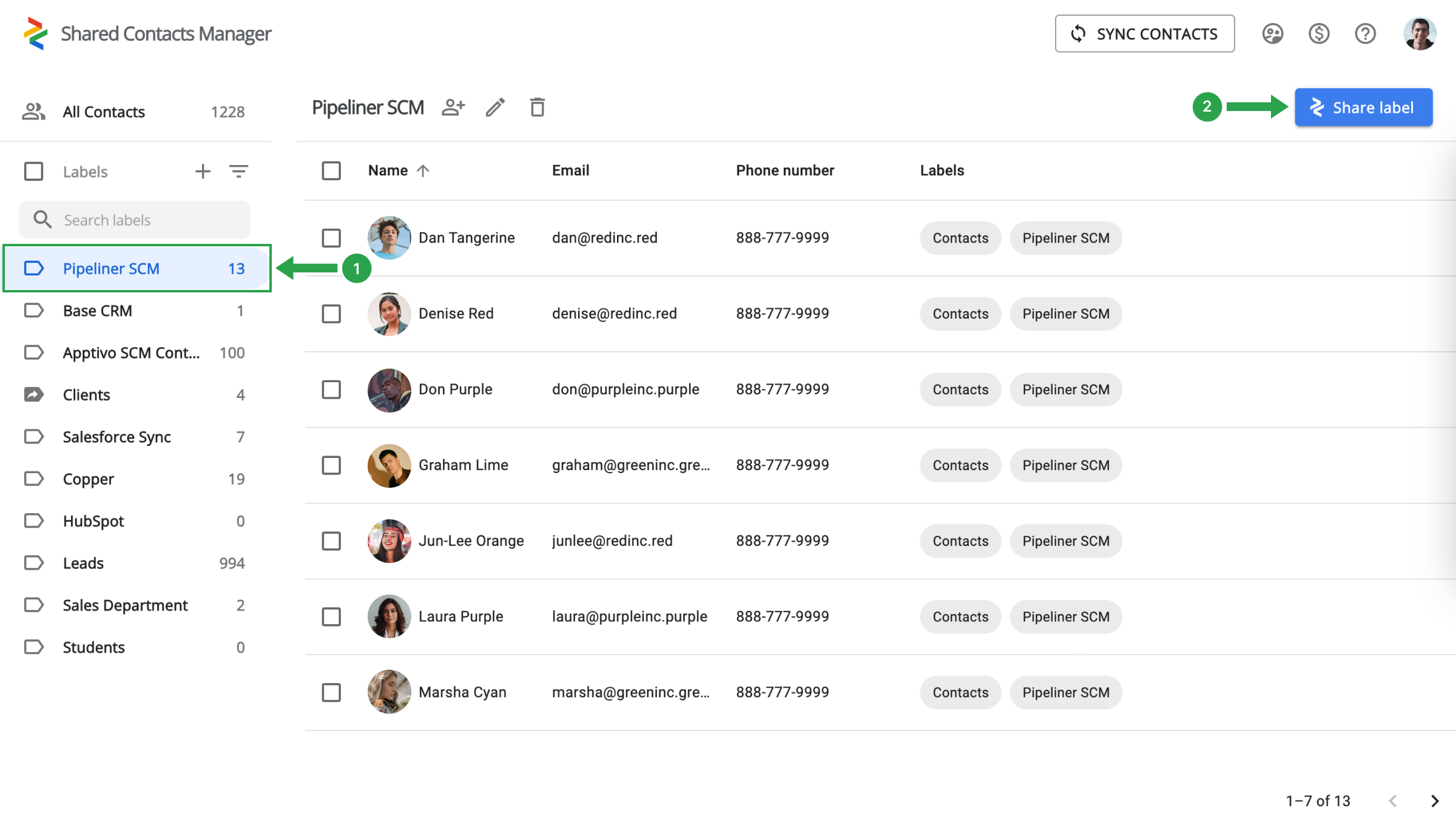 The Pipeliner contact label in Shared Contacts Manager and the 'Share label' button