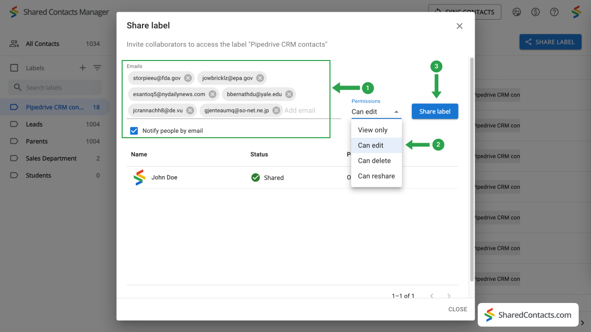 Label sharing and permission settings in Shared Contacts Manager interface