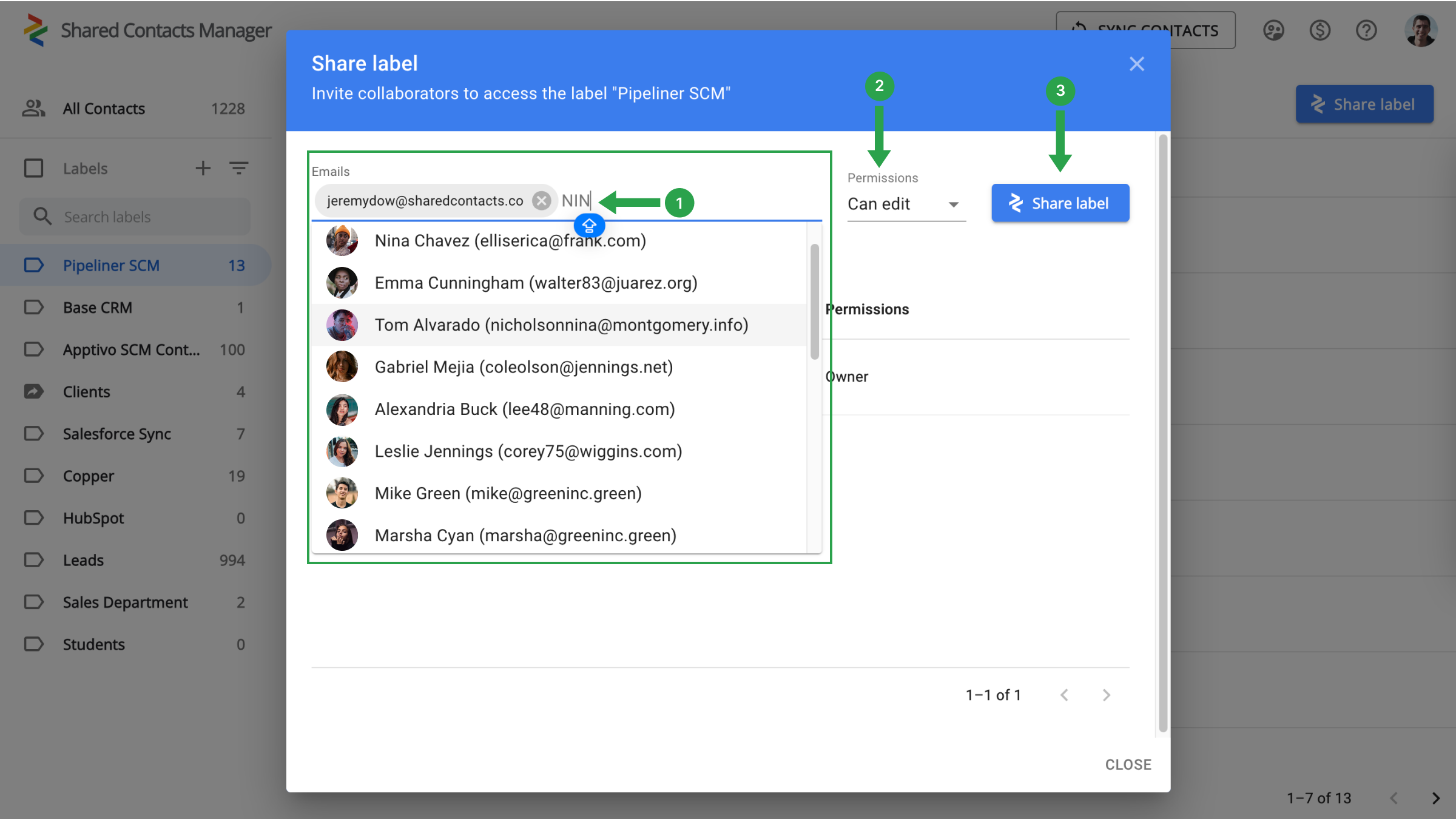 Label sharing and permission settings in Shared Contacts Manager