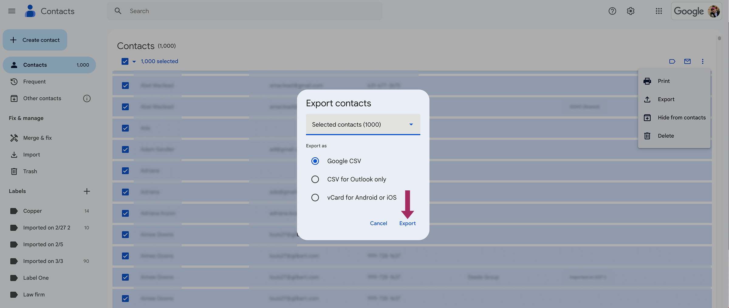 Memilih format ekspor di Google Kontak