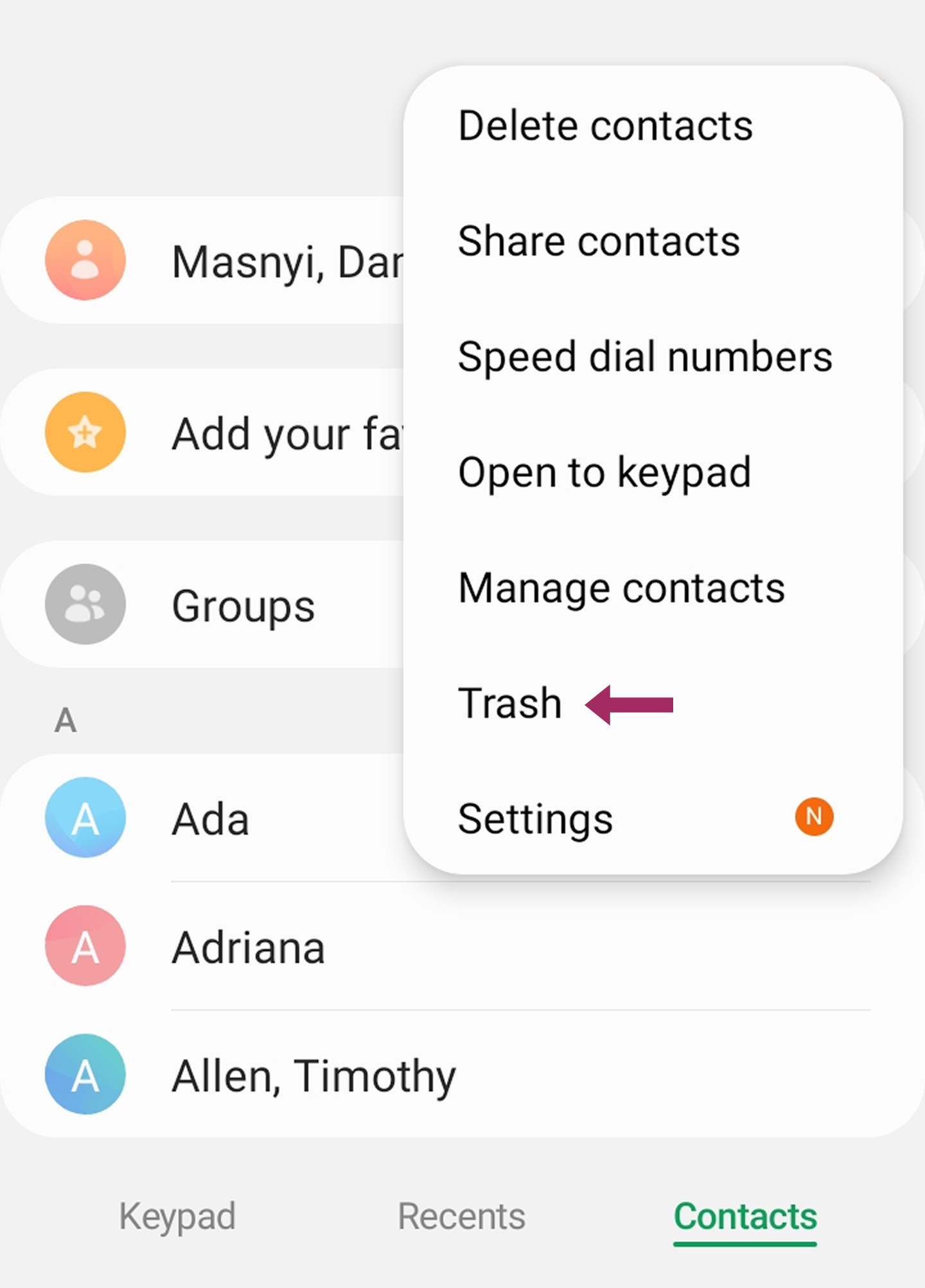 联系人在 Android 上所有联系人中的垃圾箱位置