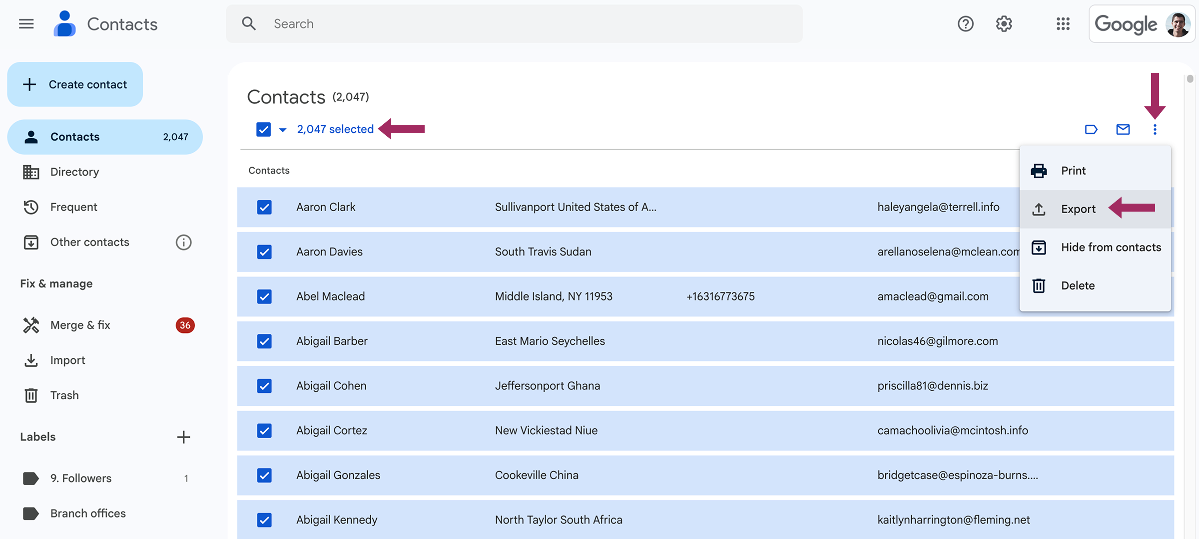 Contacts Export in Google