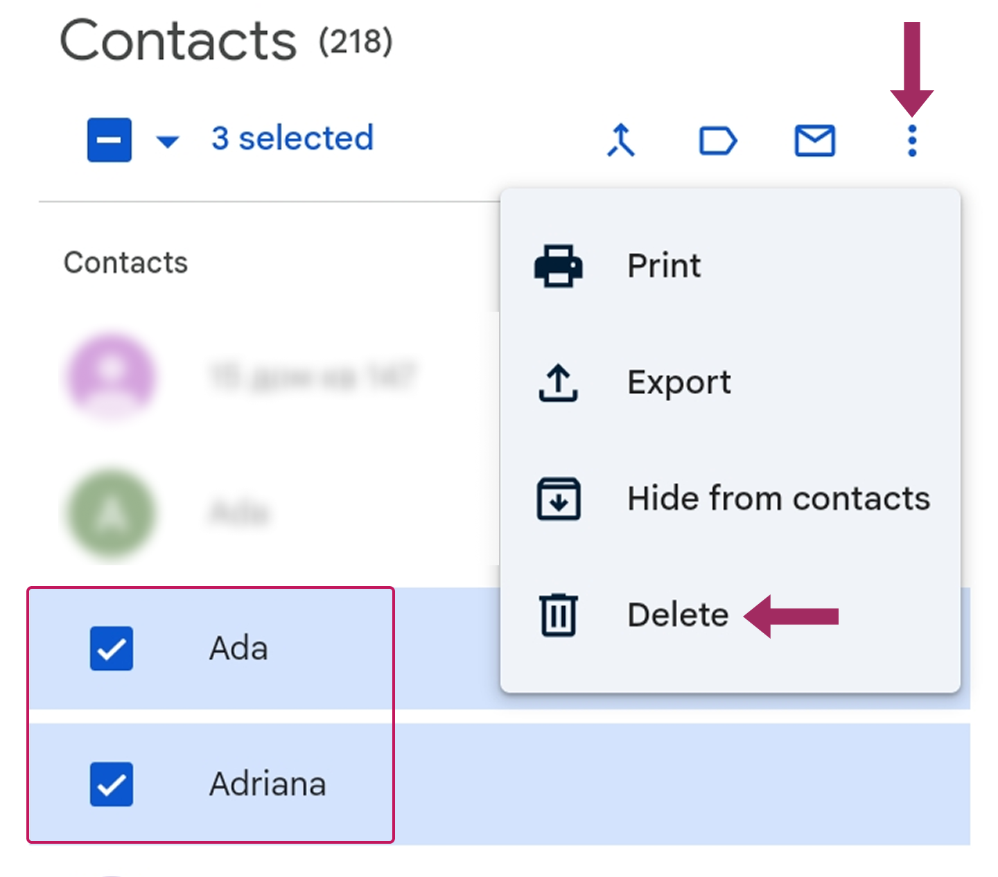 删除 Google 联系人