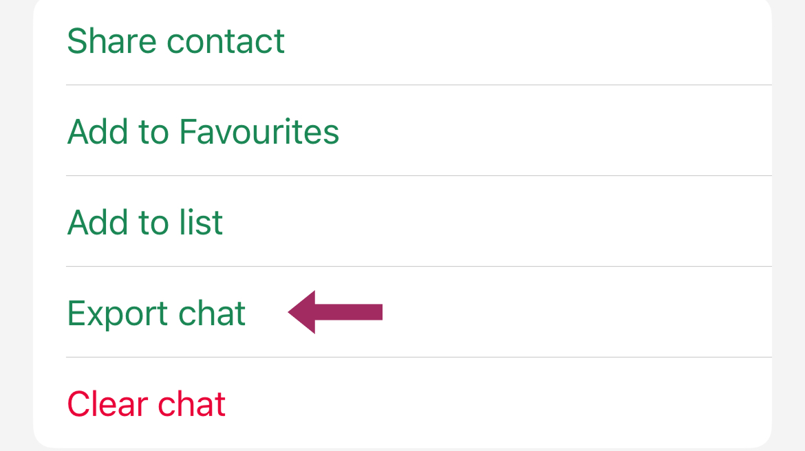 WhatsApp 中的导出聊天菜单选项
