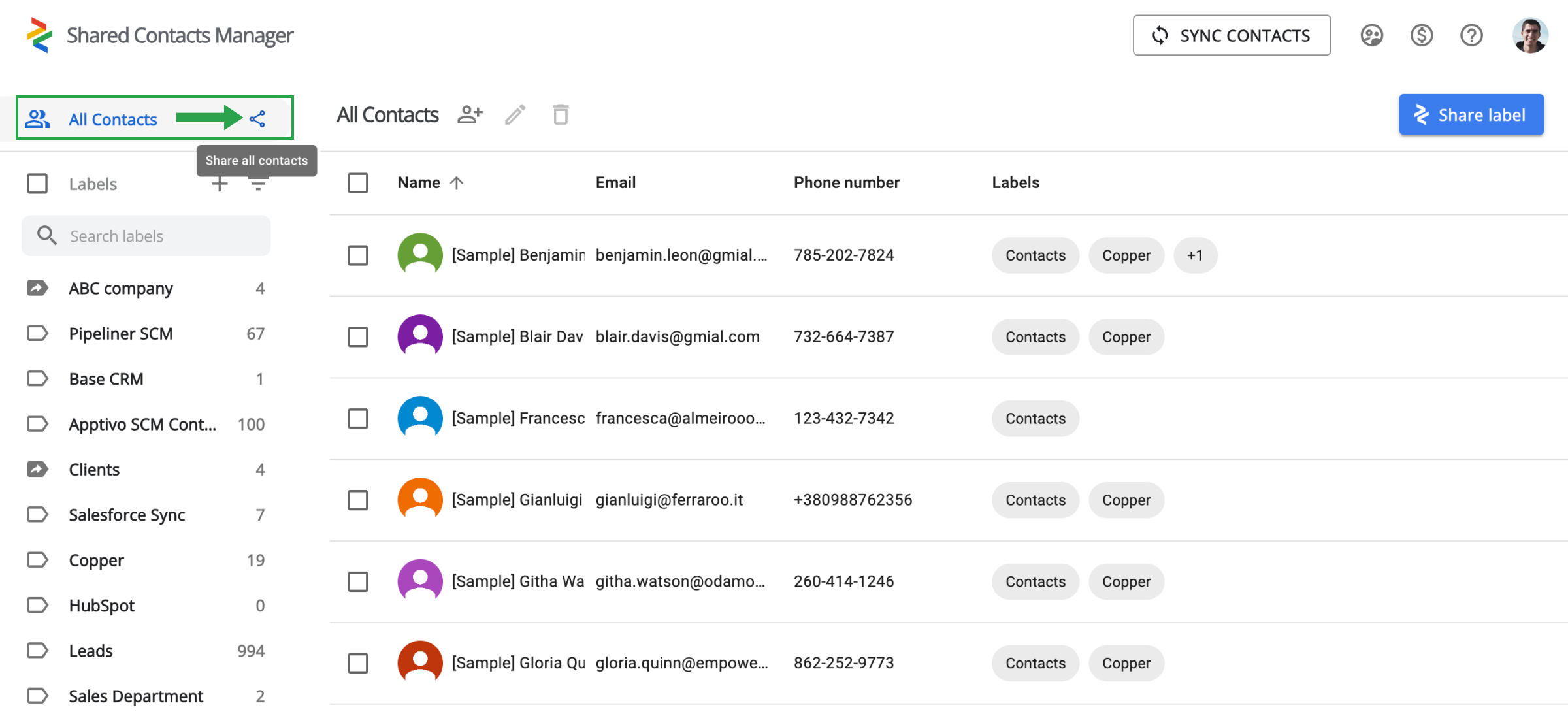 Delning av alla kontakter i Shared Contacts Manager-gränssnittet