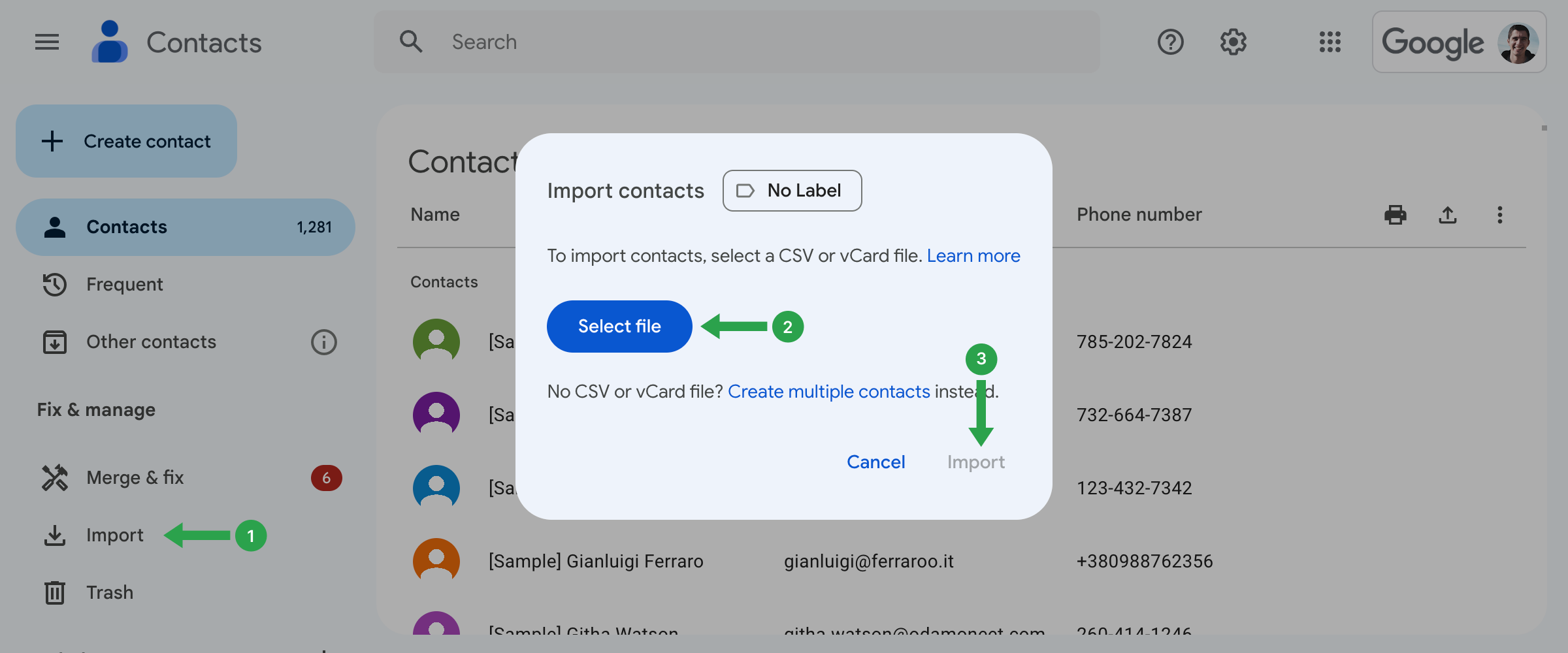 Importera kontakter i CSV-format i Google Kontakter