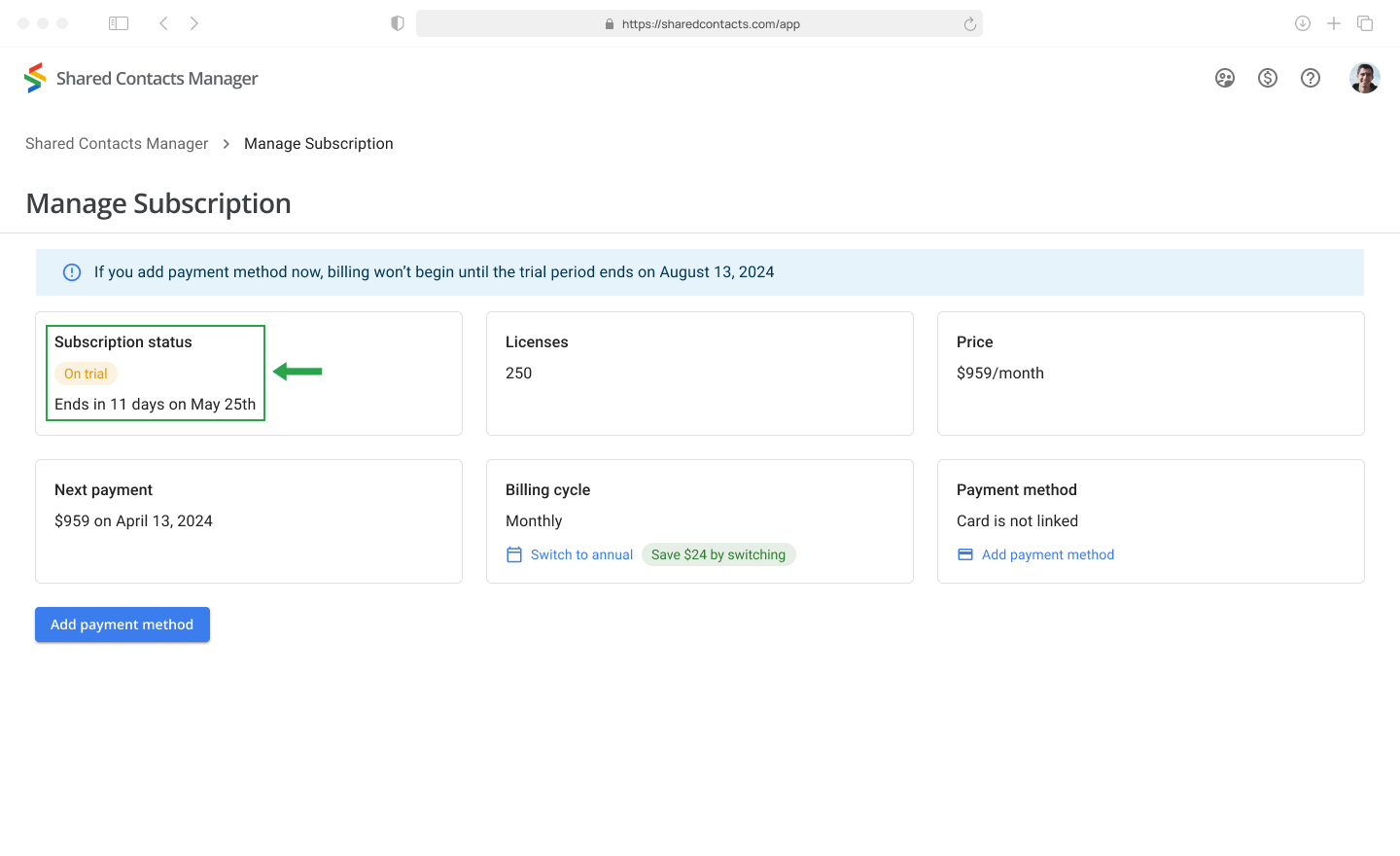 Brugerens abonnementsstatus i Shared Contacts Manager