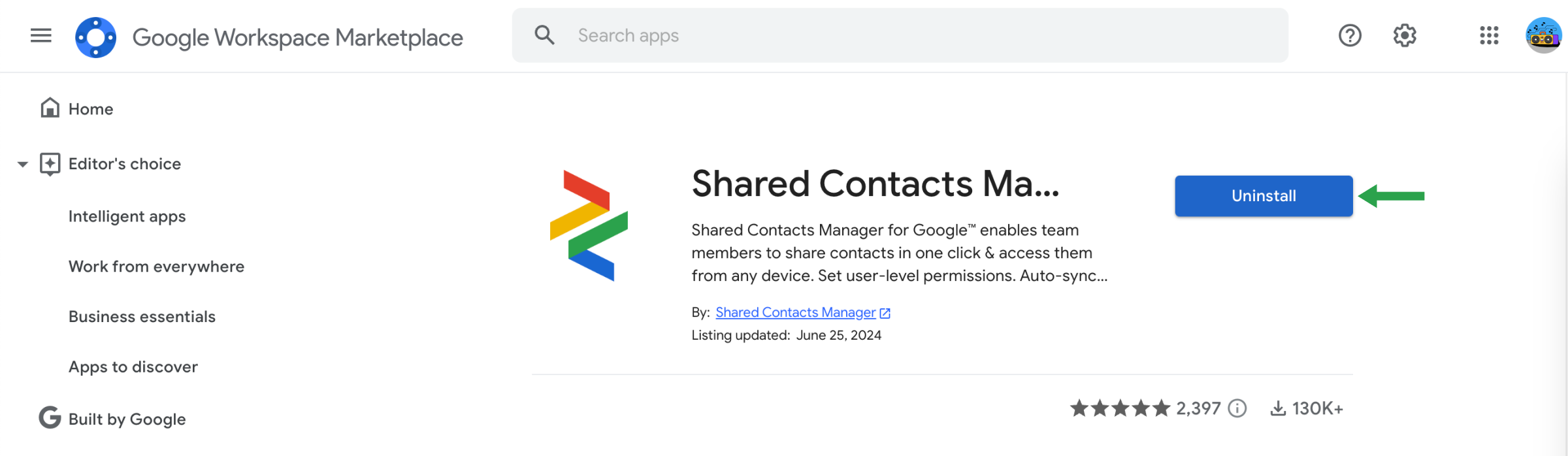 Il pulsante Uinstall accanto all'Shared Contacts Manager in Google Workspace Maketplace