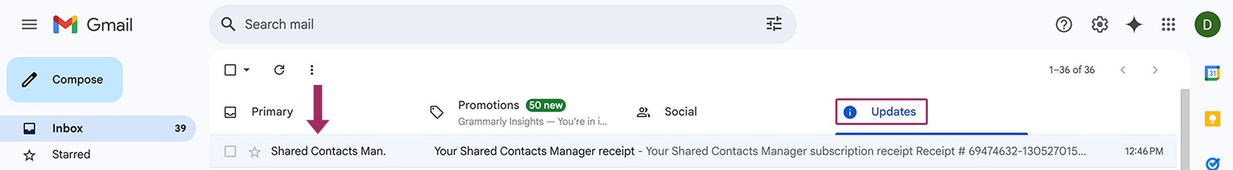 Separador de actualizações na interface do Gmail