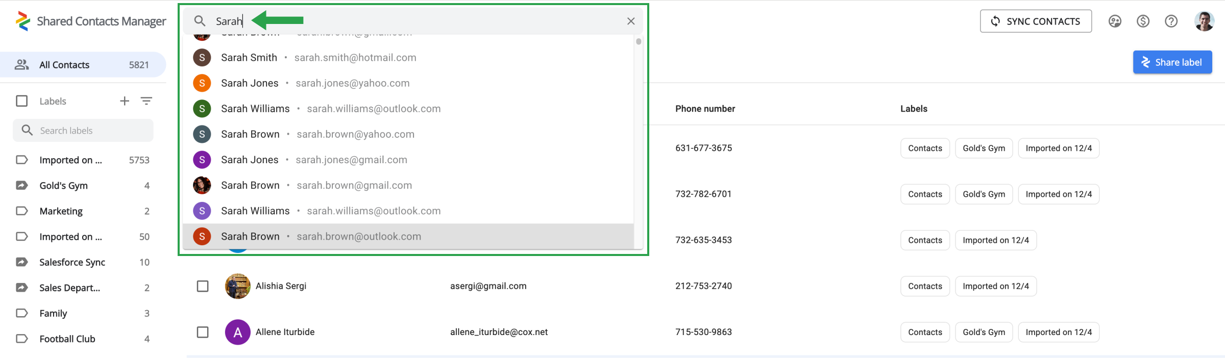 Hakupalkki ja hakutulokset alueella Shared Contacts Manager