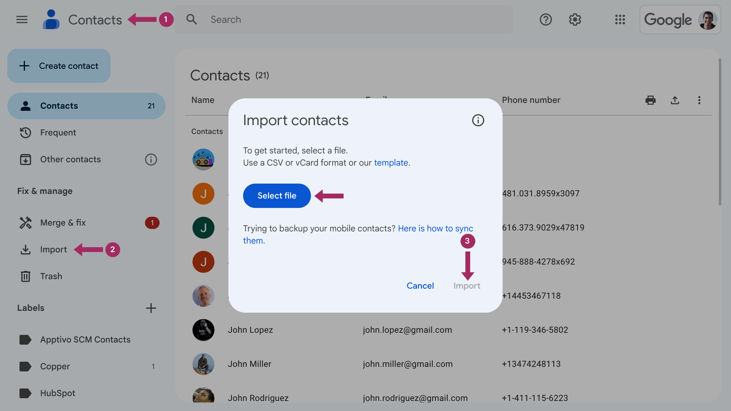GoogleコンタクトにCSVまたはvCard形式で連絡先をインポートする手順を示す画像