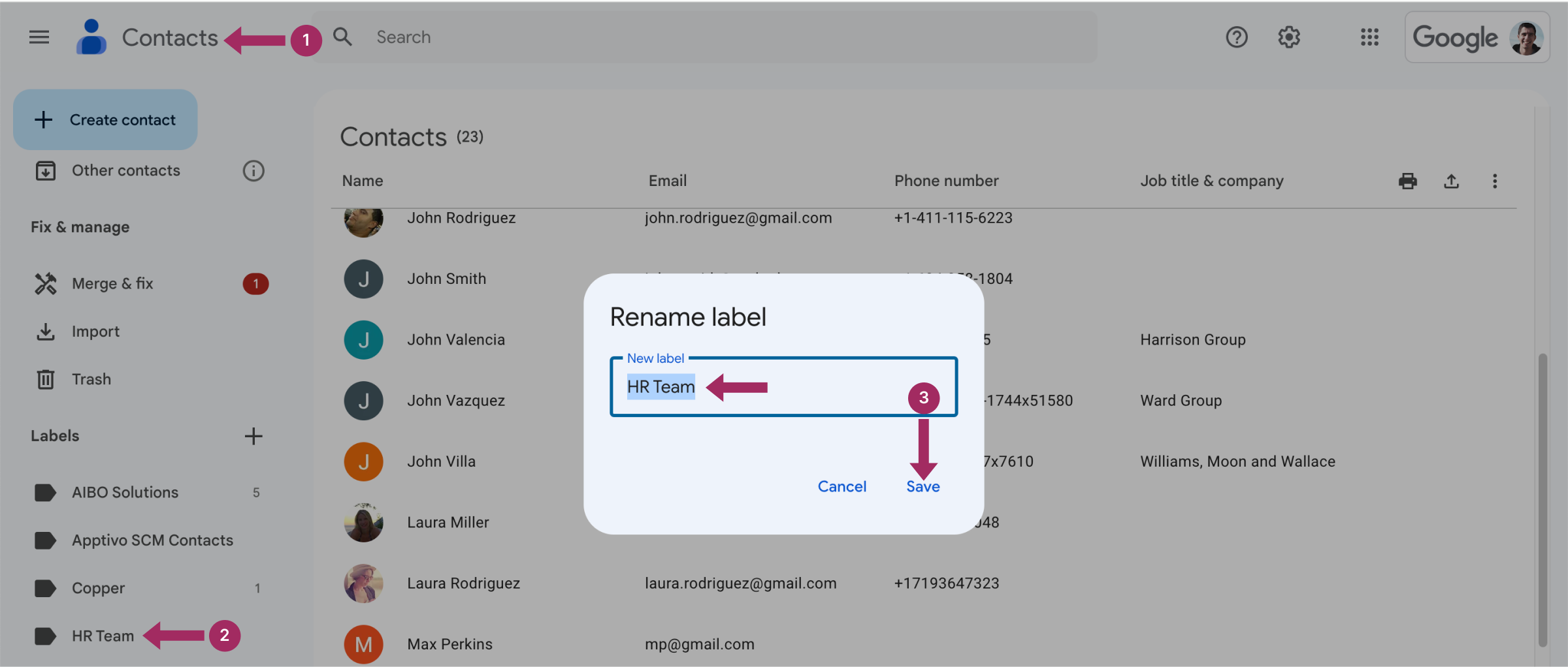 Mengganti nama label di Google Kontak