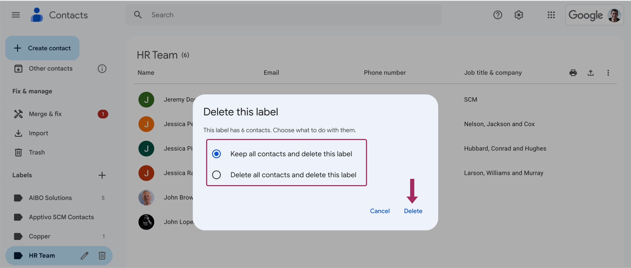 Cara menghapus kontak dari label di Google Kontak