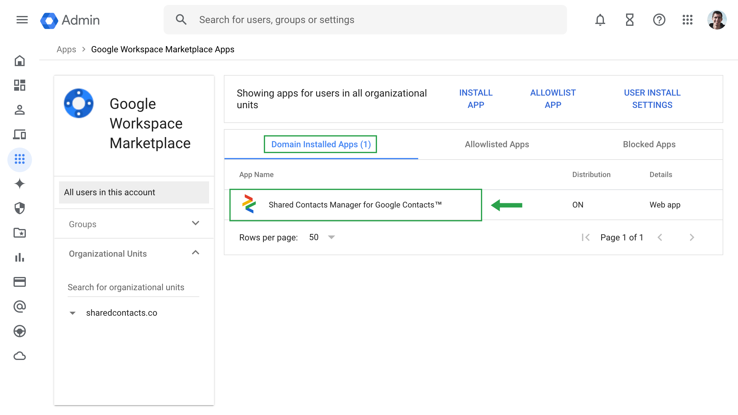 Google Workspace marknadsplatsvy av domäninstallerade appar
