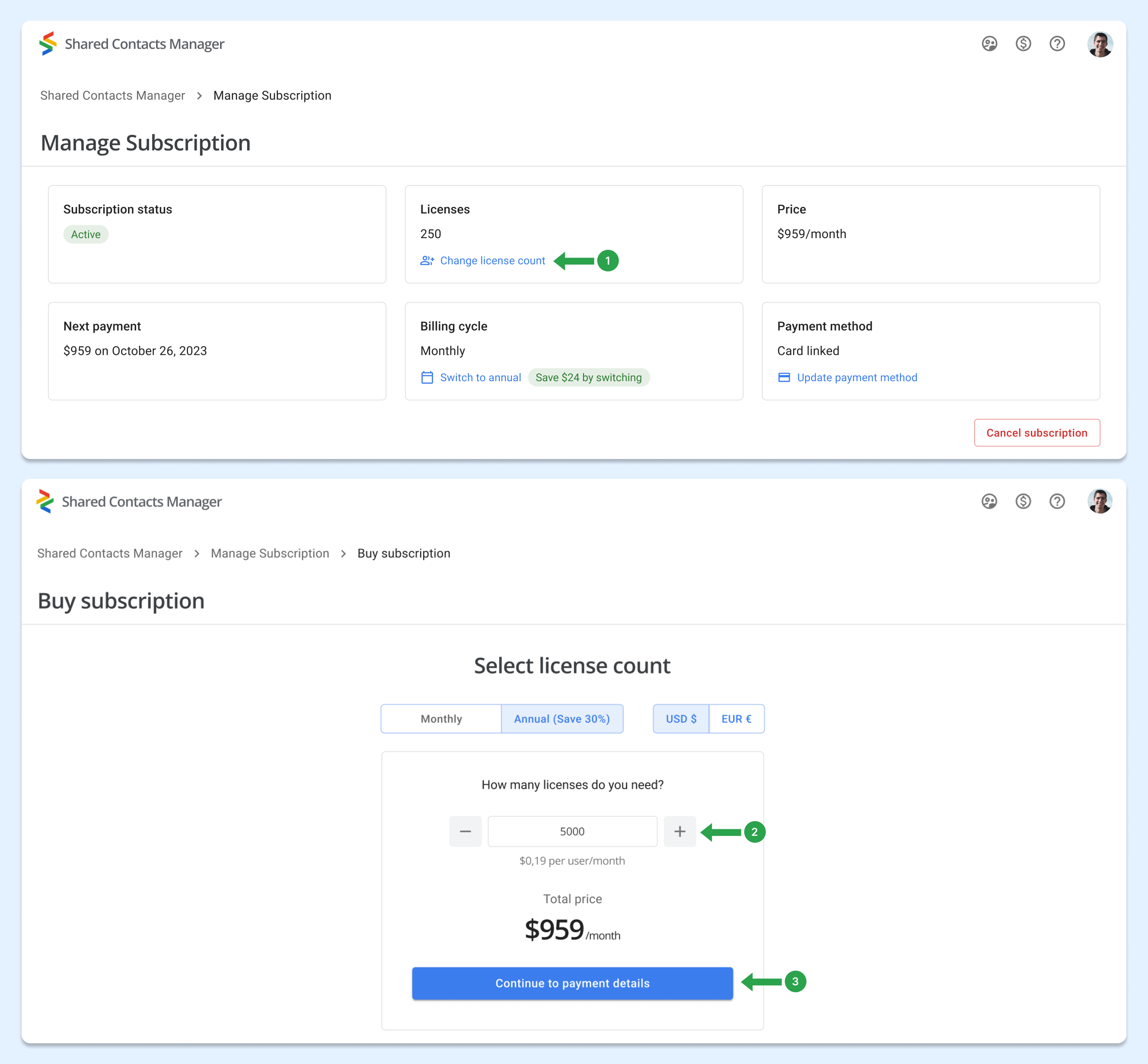 Zarządzanie interfejsem subskrypcji i zakup większej liczby licencji Shared Contacts Manager