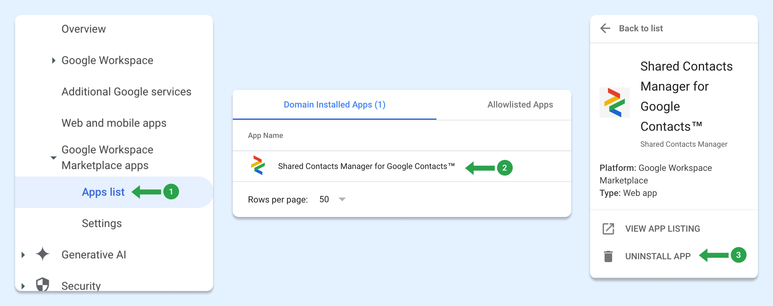 Interfaccia di Google Workspace che mostra i passaggi per disinstallare l'applicazione