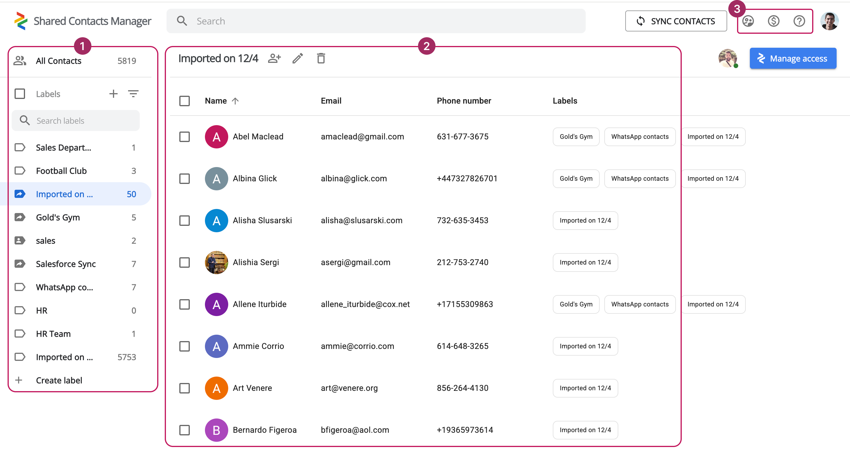 Shared Contacts Manager Armaturenbrett