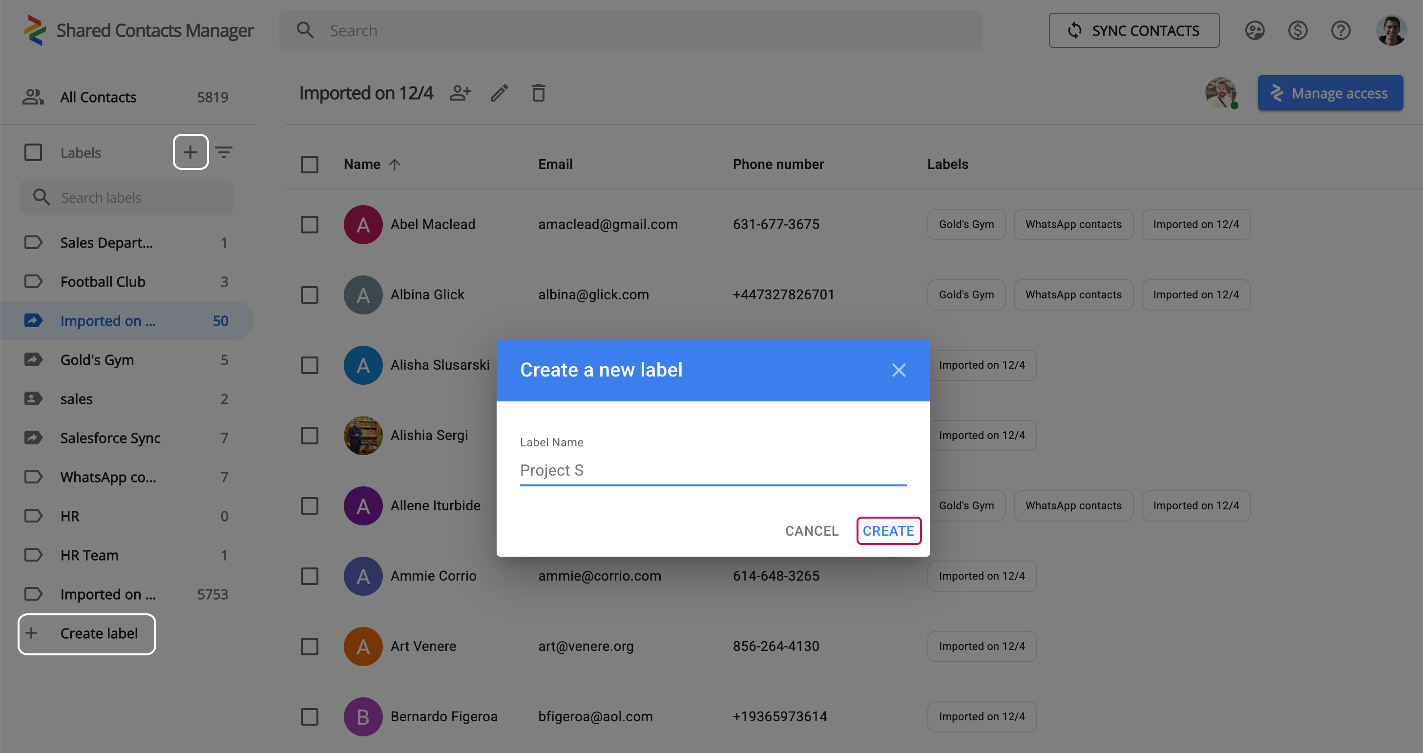Erstellen eines Kontaktetiketts in Shared Contacts Manager