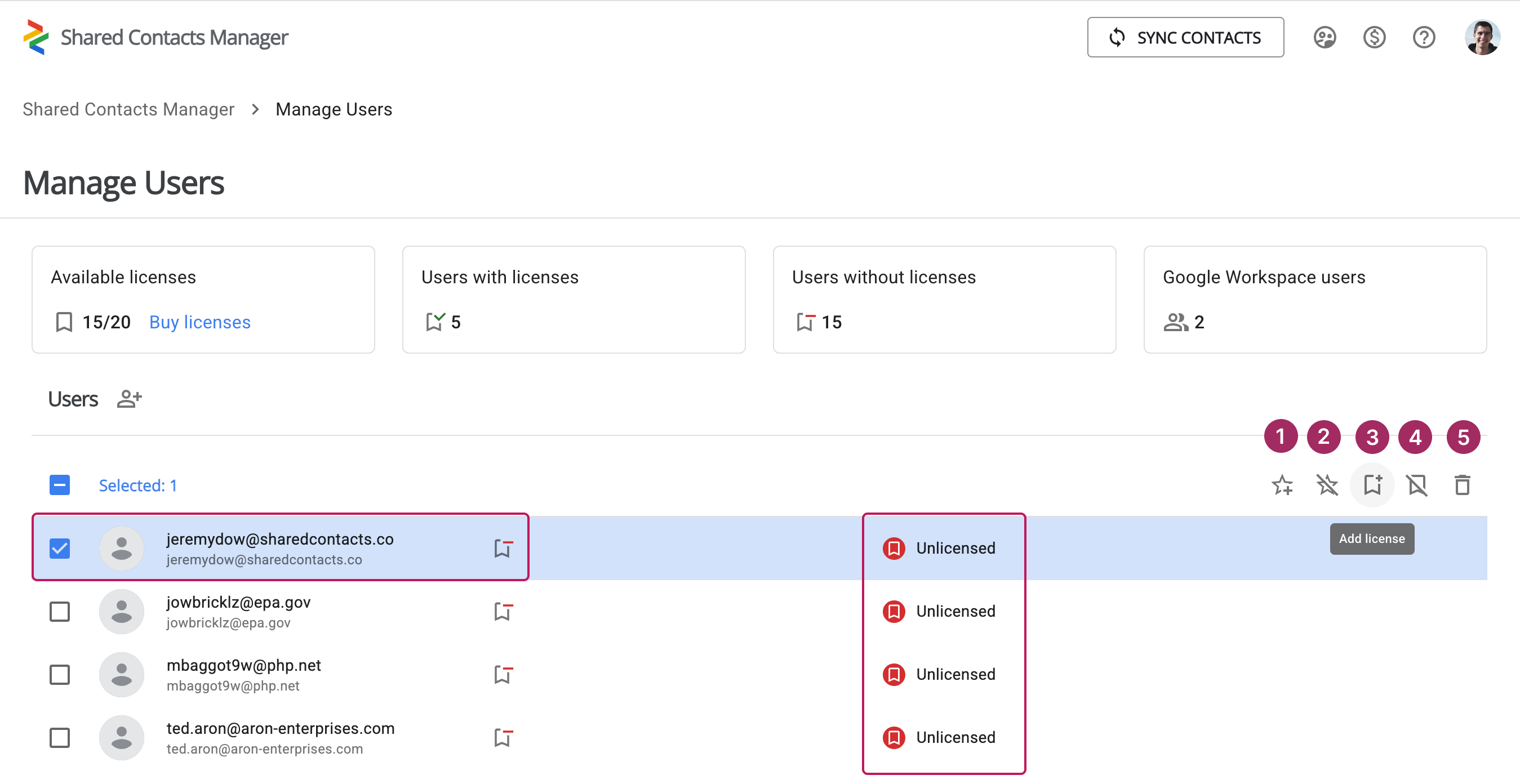 Alle Optionen der Benutzerverwaltung von Shared Contacts Manager