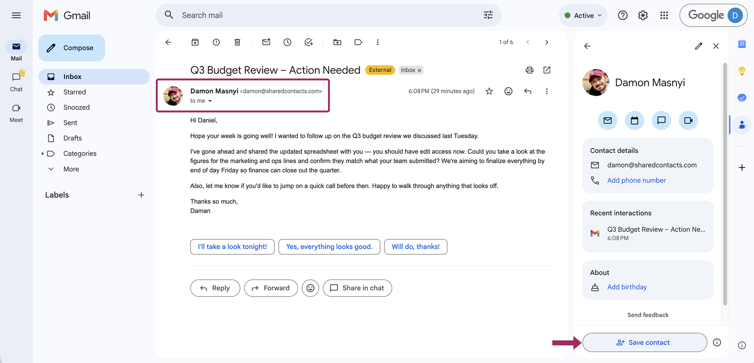 Saving new contacts from Gmail