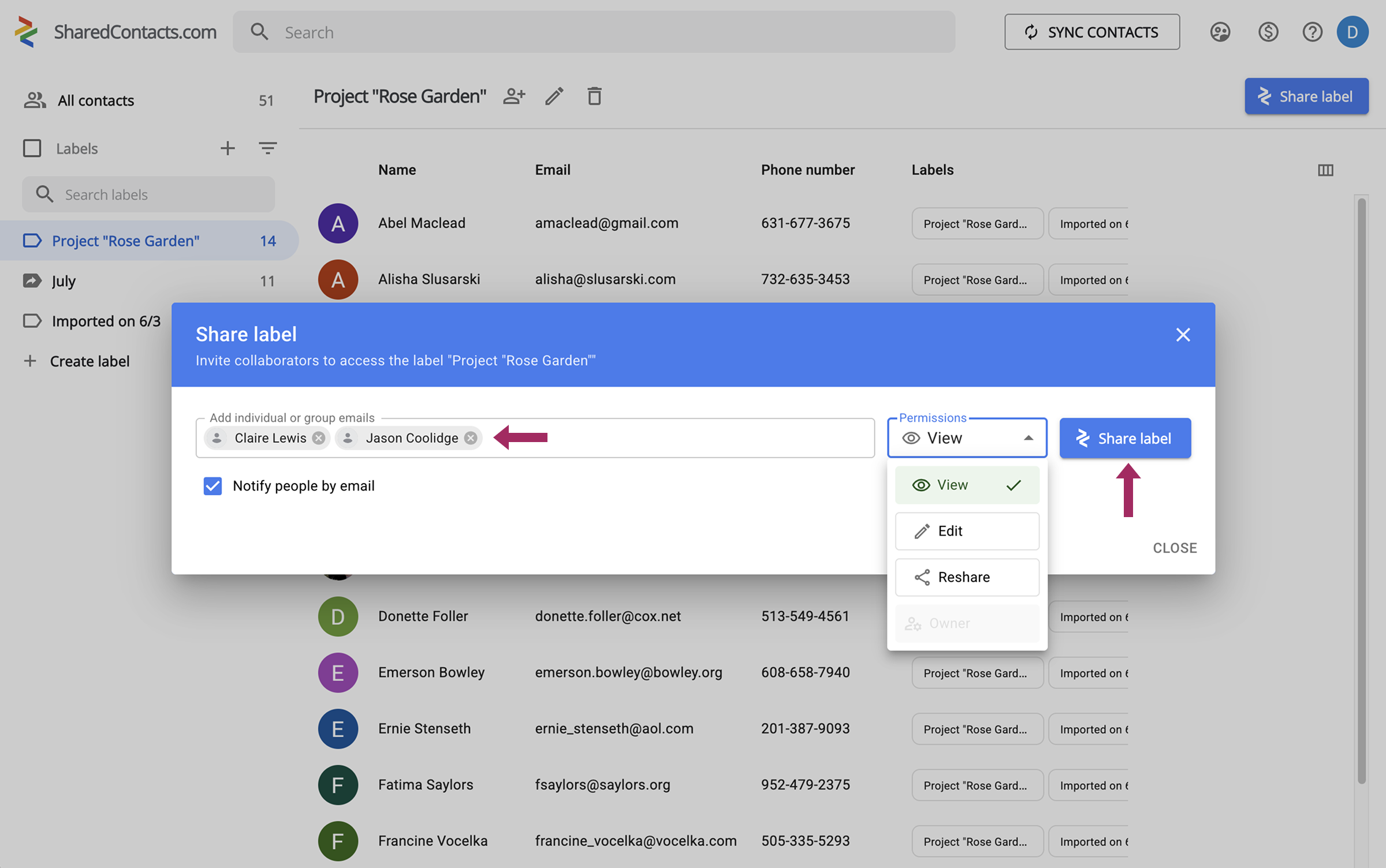 Sharing Google Contacts label with your team